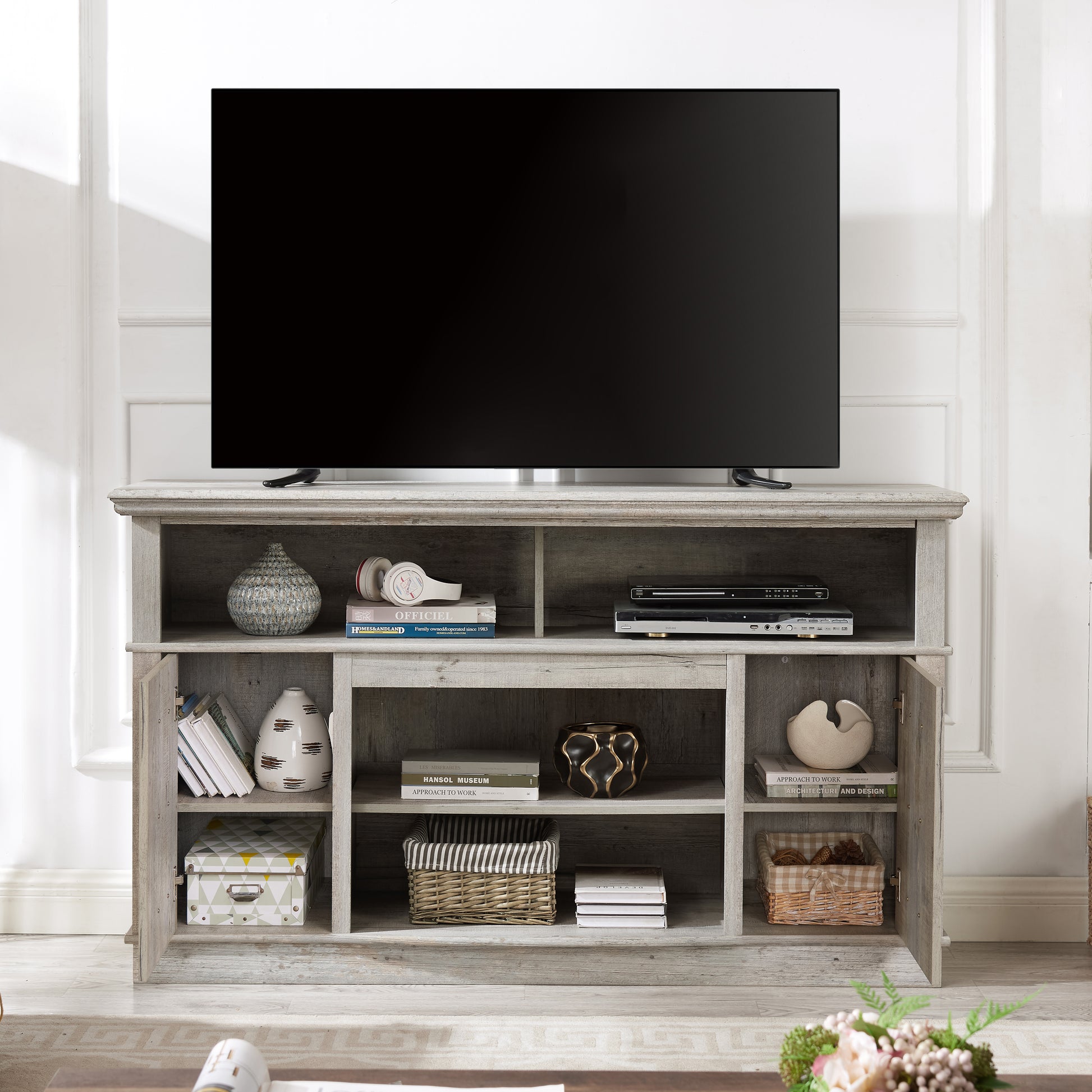 Vintage Drawer Traditional Tv Media Stand Farmhouse Rustic Entertainment Console For Tv Up To 65" With Open And Closed Storage Space, 60"W*15.75"D*34.25"H Light Gray Light Gray 60 69 Inches Mdf