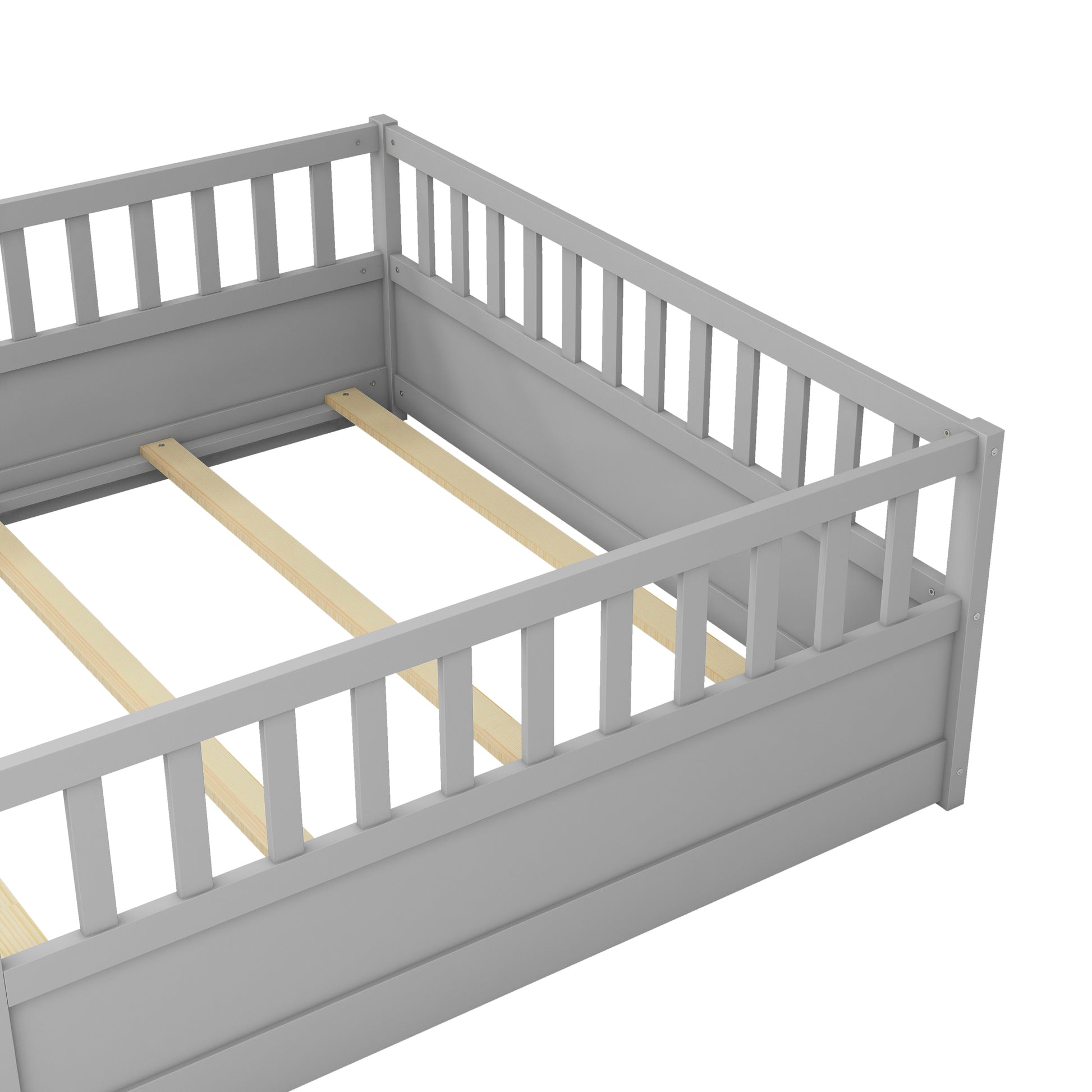 Full Size Floor Bed, Integral Construction With Super High Security Barrier, Door, Children'S Floor Bed Frame, Montessori Wooden Children'S Floor Bed, Support Slat Grey Box Spring Required Full Grey