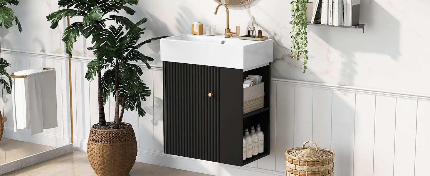Video 21.6 Inch Modern Floating Bathroom Vanity With Ceramic Basin Perfect For Small Bathrooms, Right Side Storage Black Bathroom Ceramic Mdf