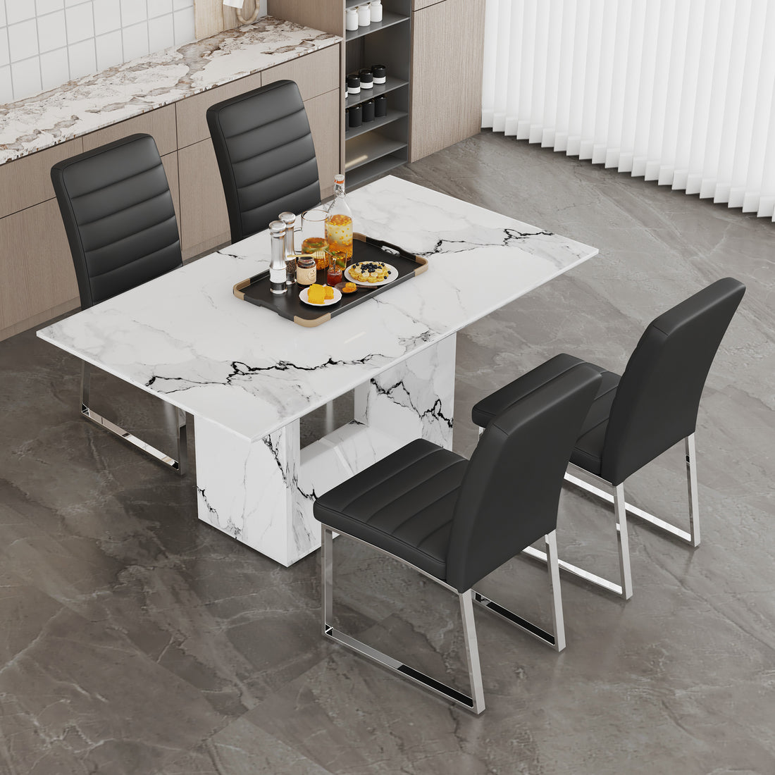 Table And Chair Set.63"X35.4" White Marble Patterned Mdf Dining Table Set With 4 Armless Black Pu Chairs.The Backrest Of The Dining Chair Is Designed With Multiple Horizontal Stripes. Black Seats 4