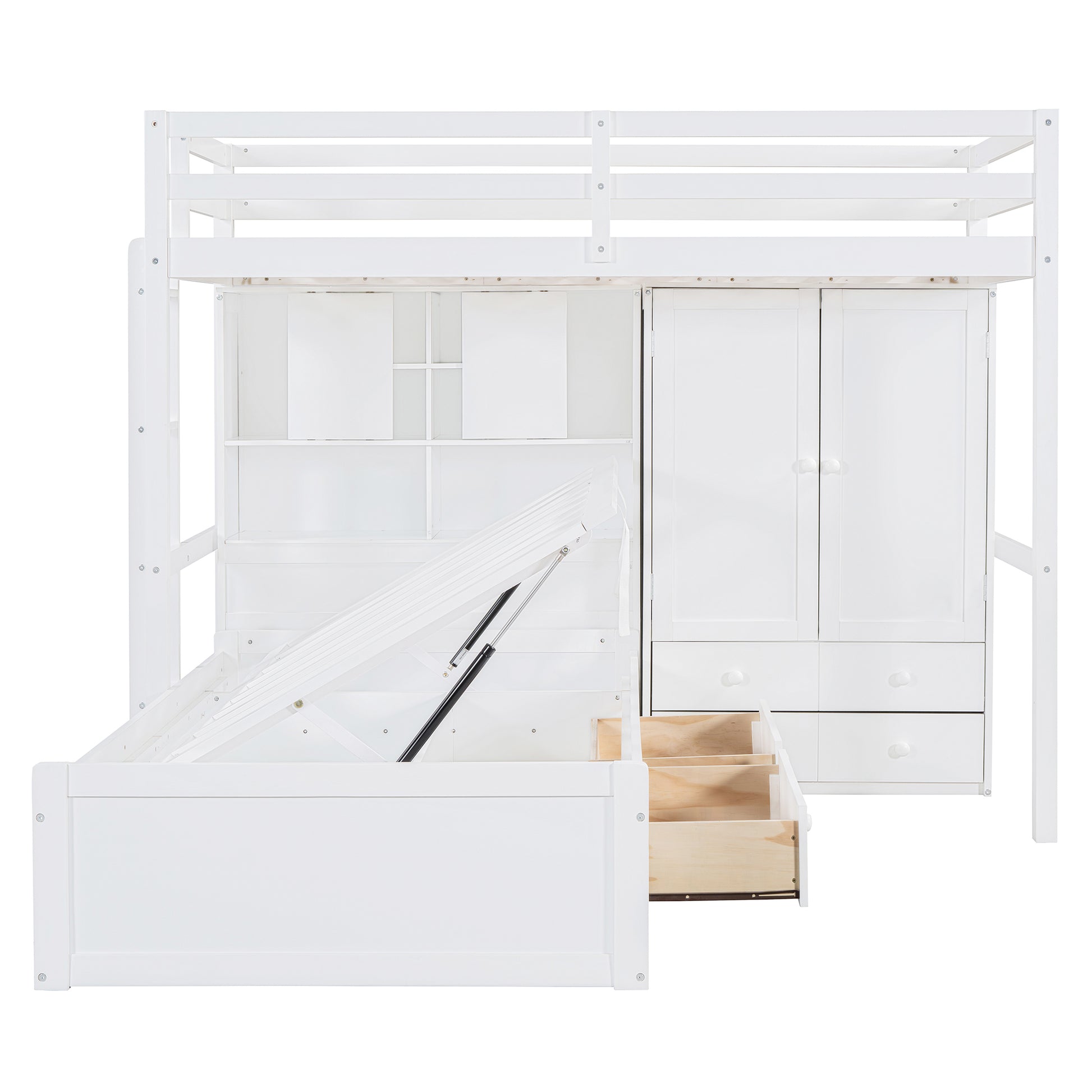 Twin Bunk Bed With Drawers, Wardrobe, Storage Shelves And Hydraulic Bed,White White Mdf Lvl