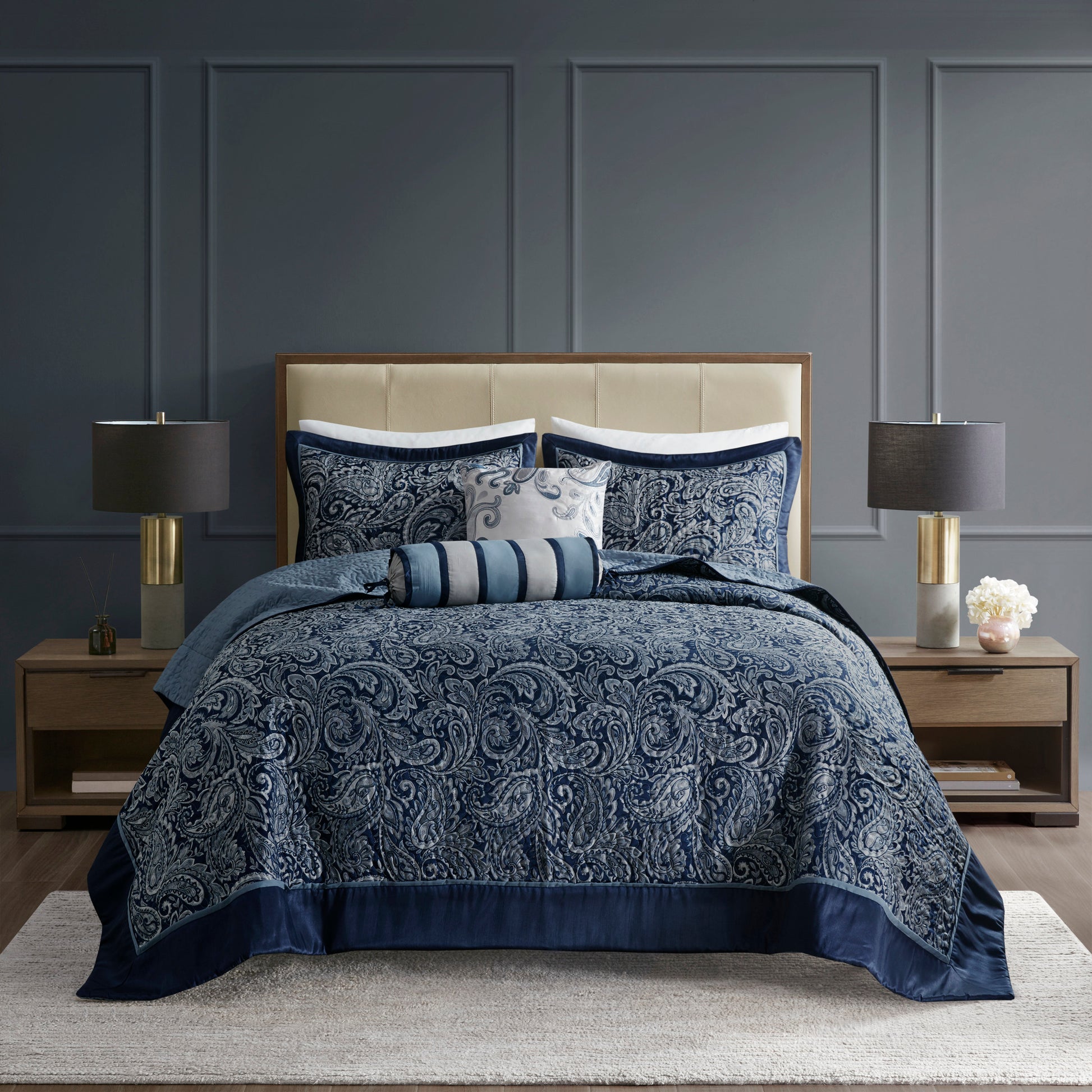 5 Piece Jacquard Bedspread Set With Throw Pillows Navy King Queen Navy Cotton