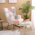 Rocking Chair With Ottoman, Mid Century Fabric Rocker Chair With Wood Legs And Patchwork Linen For Livingroom Bedroom Colorful Textile