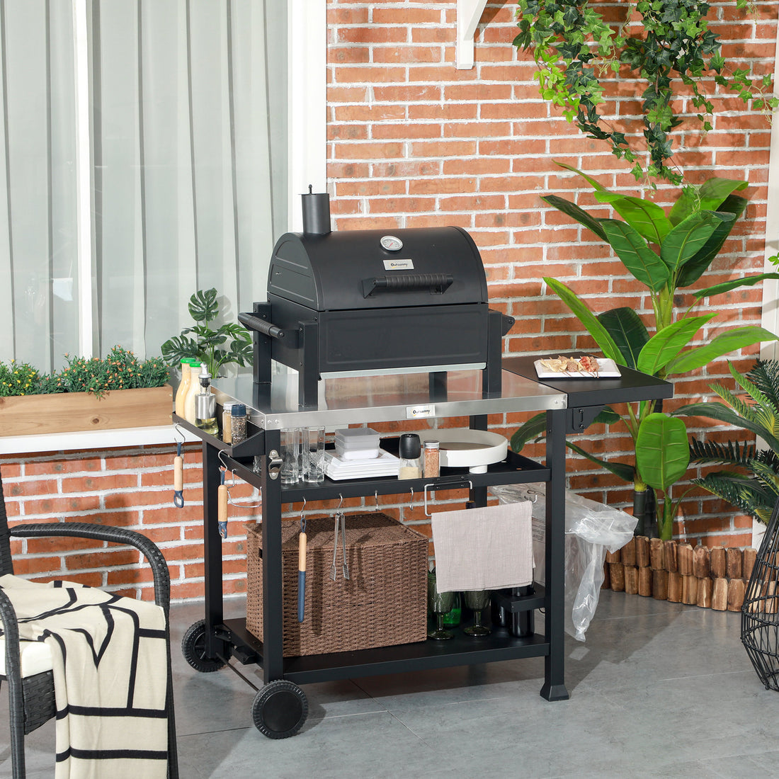 Outsunny Outdoor Grill Cart With Foldable Side Table, 46" X 21.75" Multifunctional Stainless Steel Pizza Oven Stand With Three Shelf, Movable Food Prep Table On Wheels, Black Black Stainless Steel