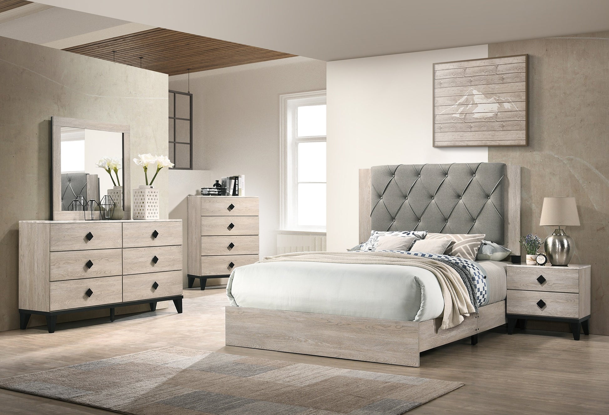 Contemporary 1Pc Cream Finish California King Size Bed Bedroom Furniture Gray Tufted Design Headboard Rubberwood 1Pc Bedframe Box Spring Required California King Cream Grey Wood Bedroom