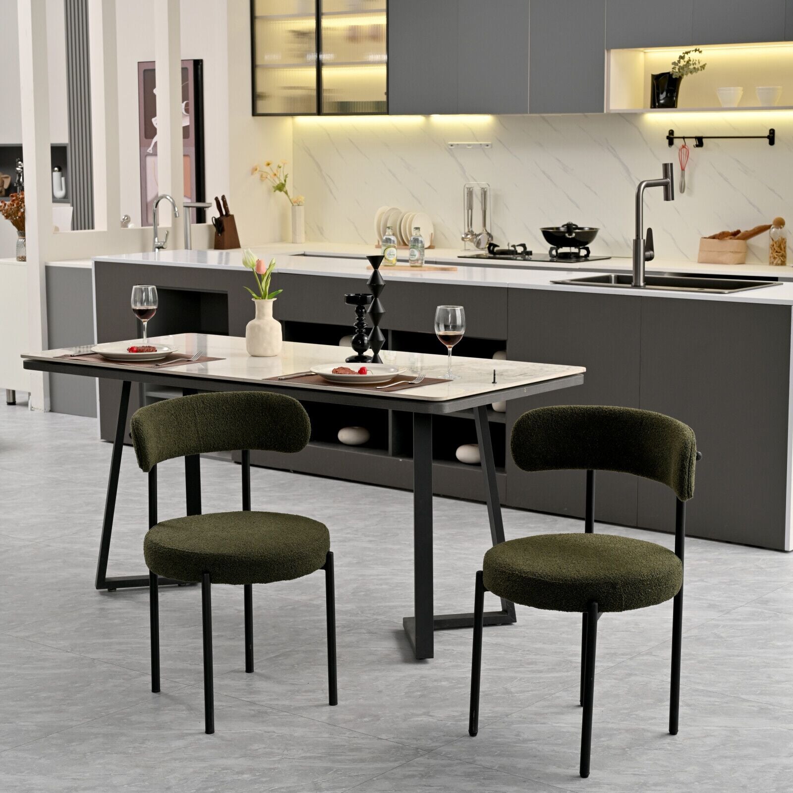 Green Boucle Dining Chairs Set Of 2,Mid Century Modern Curved Backrest Chair,Round Upholstered Kitchen Chairs Metal Green Dining Room Round Modern Dining Chairs Velvet