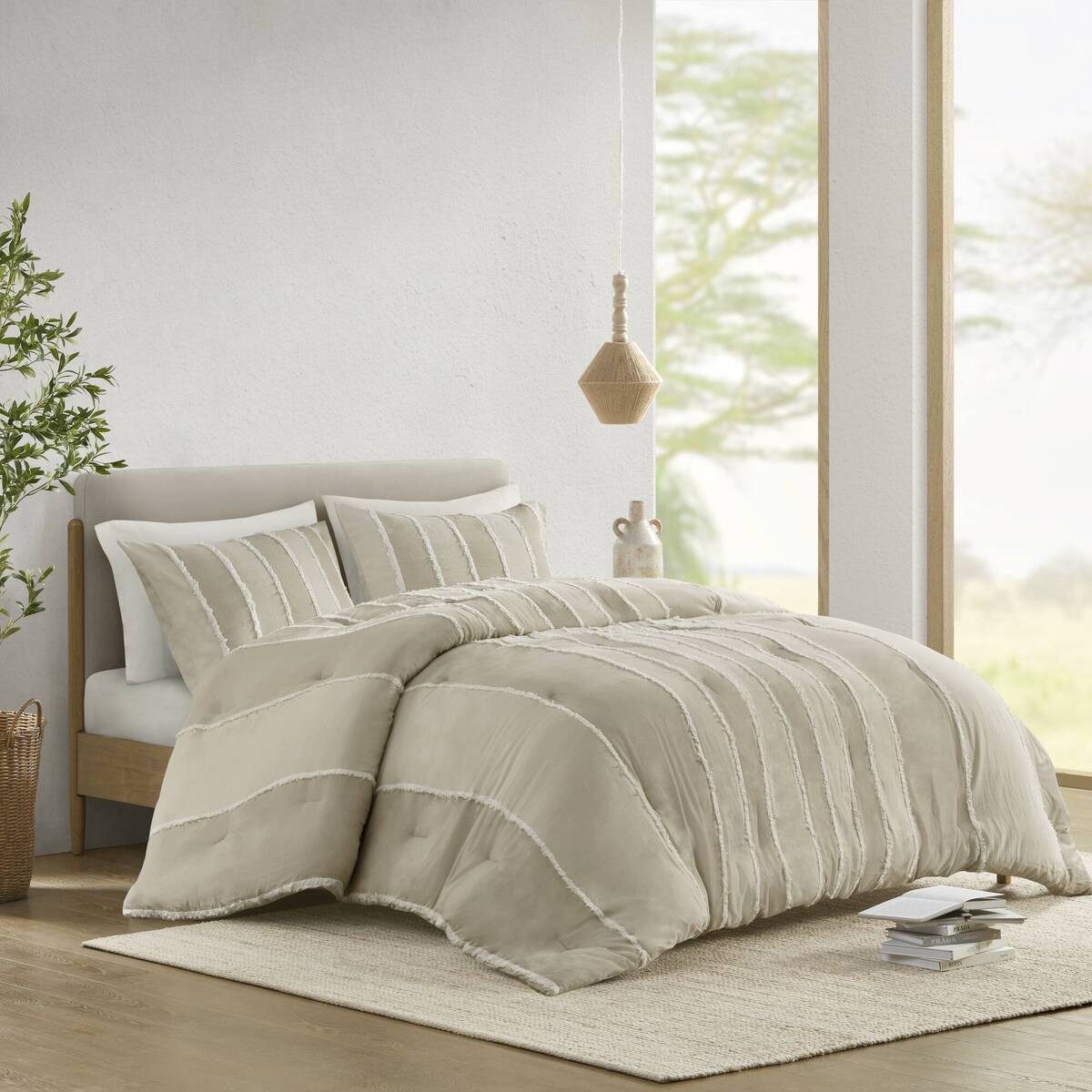 3 Piece Striped Cotton Comforter Set Taupe King Cal King Taupe Cotton