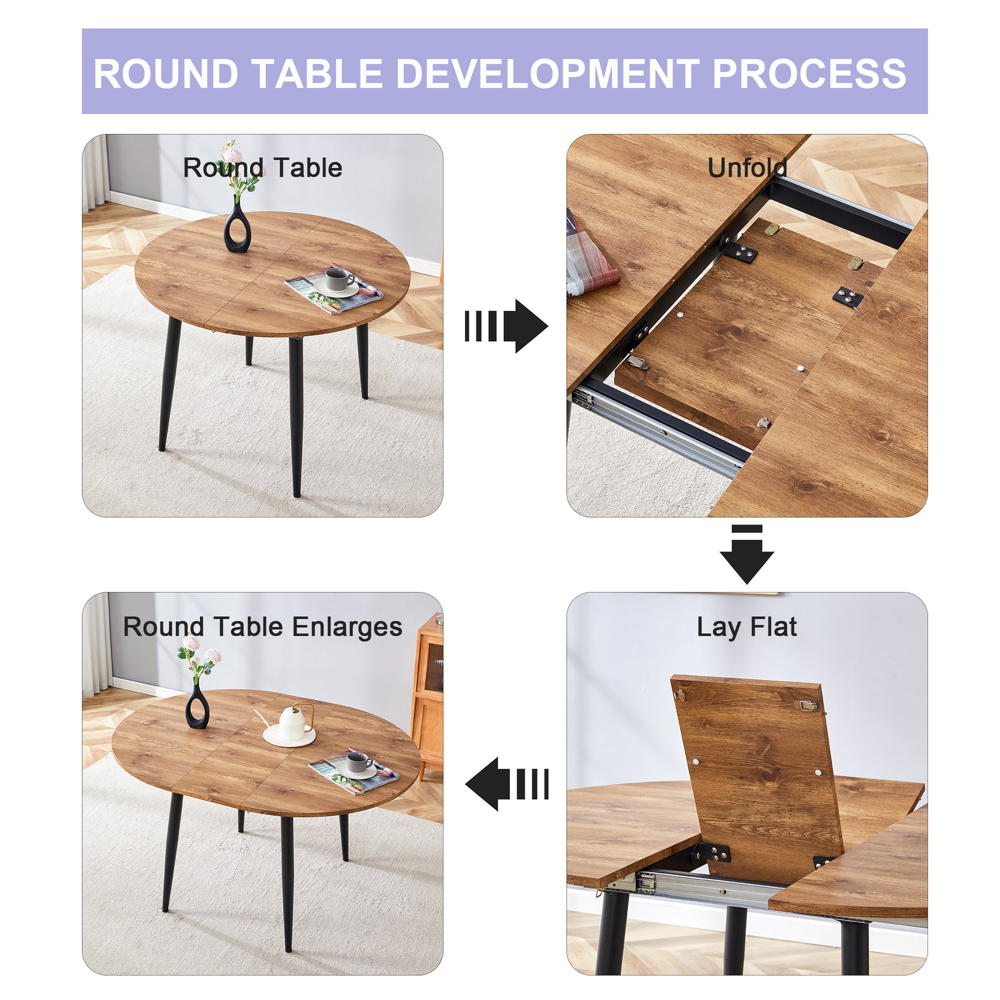 Table And Chair Set.Modern Extendable Wood Mdf Dining Table.The Table Has A Telescopic Design, Suitable For Gatherings Of Different Size.Paired With 4 Chairs With Pu Cushions And Black Metal Legs. Brown,Wood Seats 4 Mdf Metal