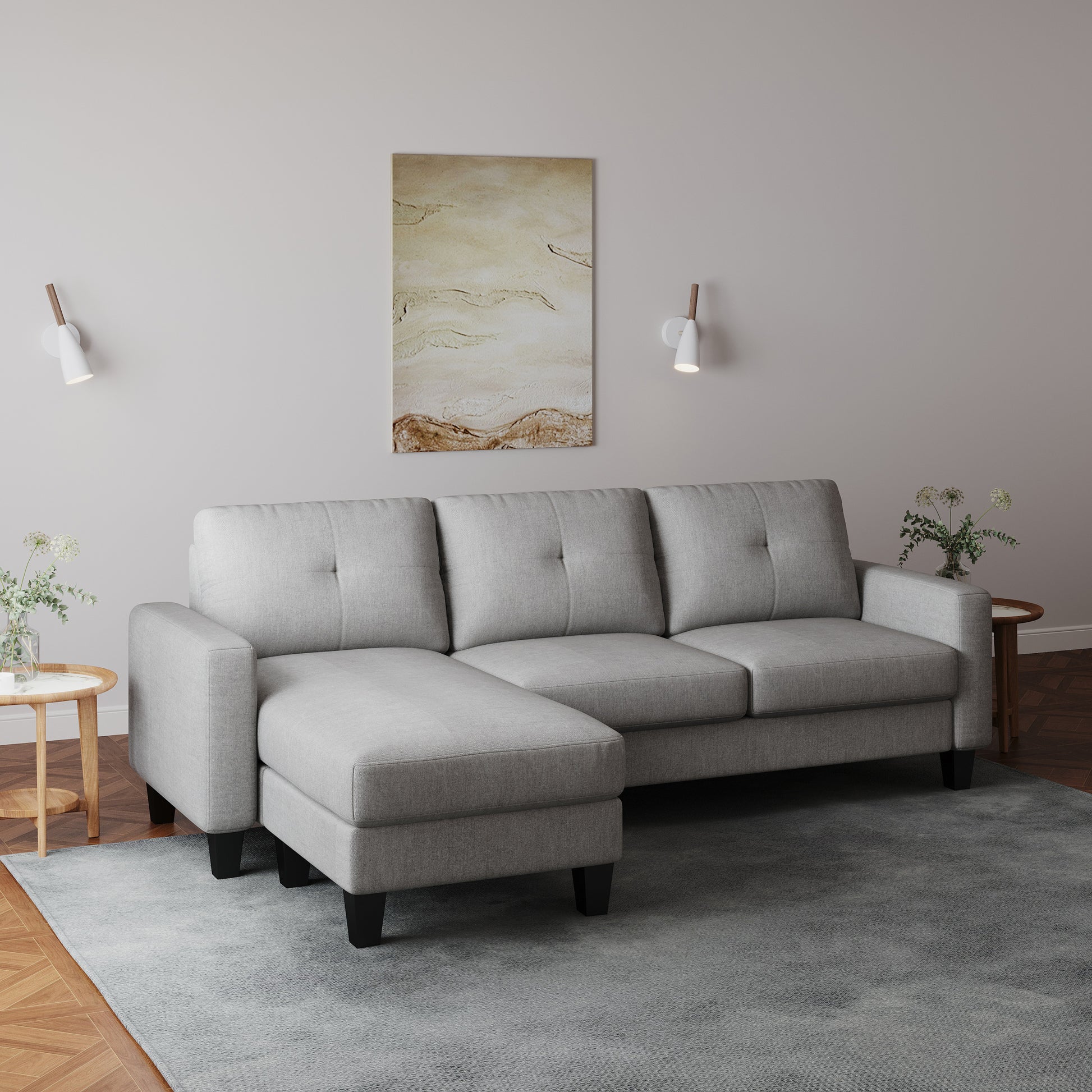 Living Room Furniture With Polyestr Fabric L Shape Couch Corner Sofa For Small Space Grey Grey Foam Polyester 3 Seat