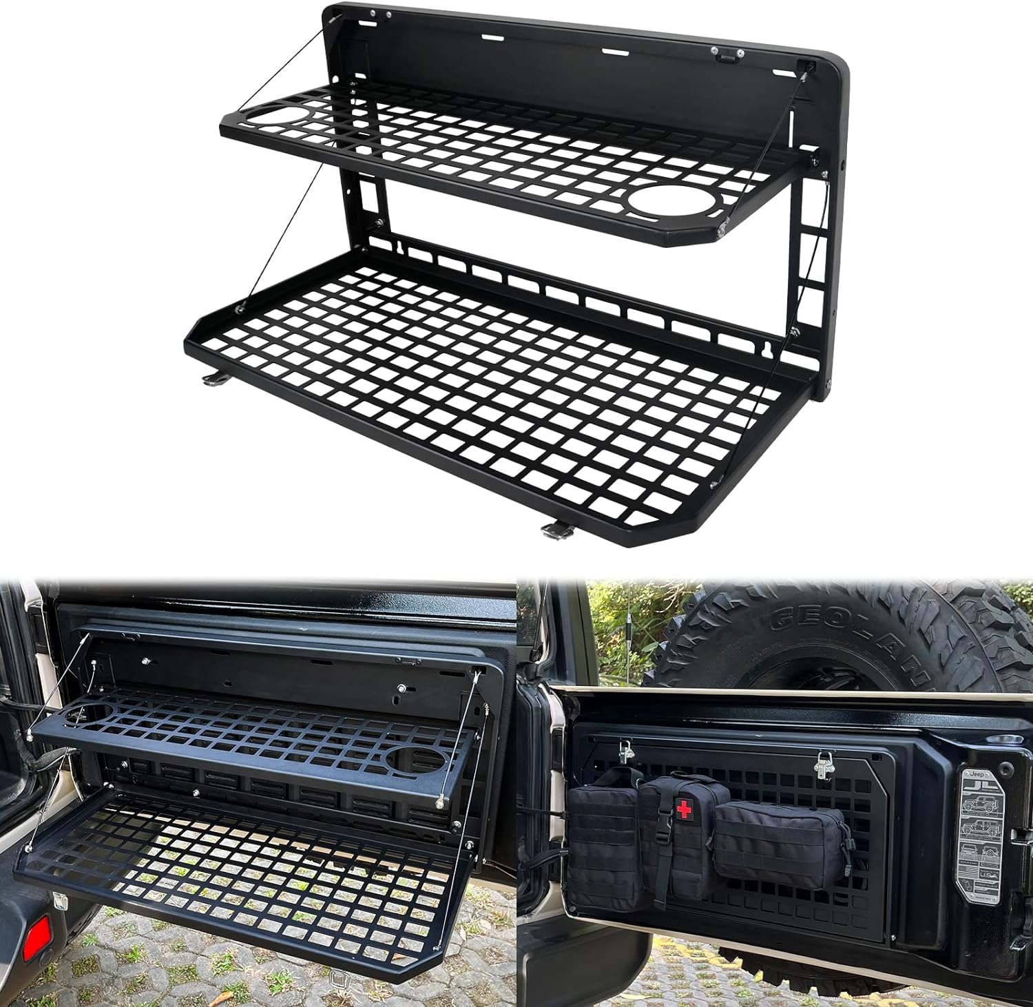 2 Tier Tailgate Table Rear Foldable Storage Cargo Rack Outdoor Camping Desk For 2007 2022 Jeep Wrangler Jk&Jl 4 Door Not Fit Jk Models With Stock Subwoofer Black Steel