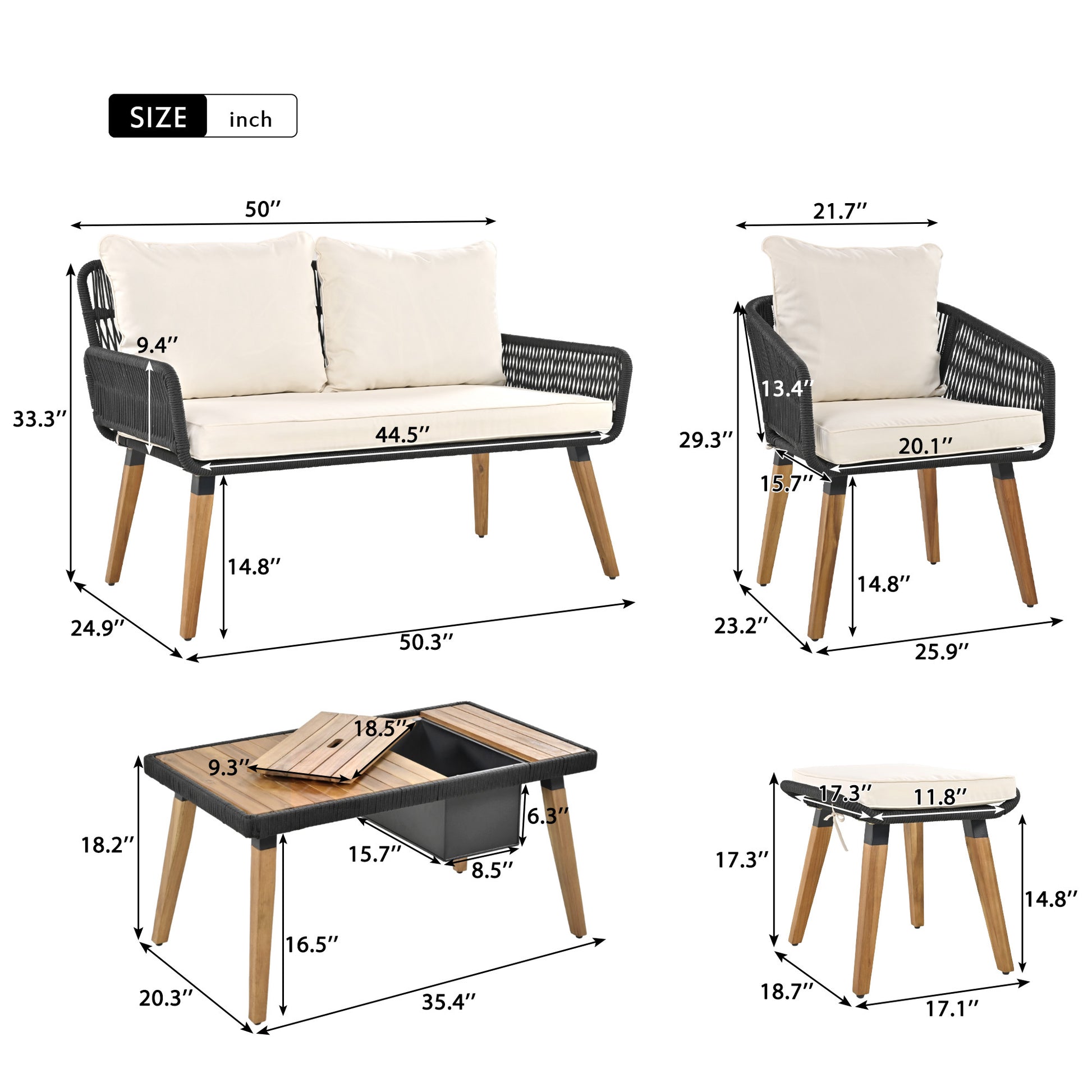 K&K 6 Piece Rope Patio Furniture Set, Outdoor Furniture With Acacia Wood Cool Bar Table With Ice Bucketdeep Seat Patio Conversation Set With Two Stools For Backyard Porch Balcony Black & Beige Yes Complete Patio Set Beige Black Seats 6 Weather Resistant