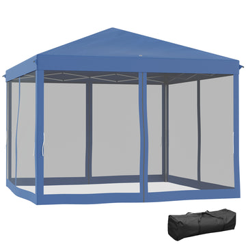 Outsunny 10' X 10' Pop Up Canopy Tent With Netting, Instant Gazebo, Ez Up Screen House Room With Carry Bag, Height Adjustable, For Outdoor, Garden, Patio, Blue Blue Steel