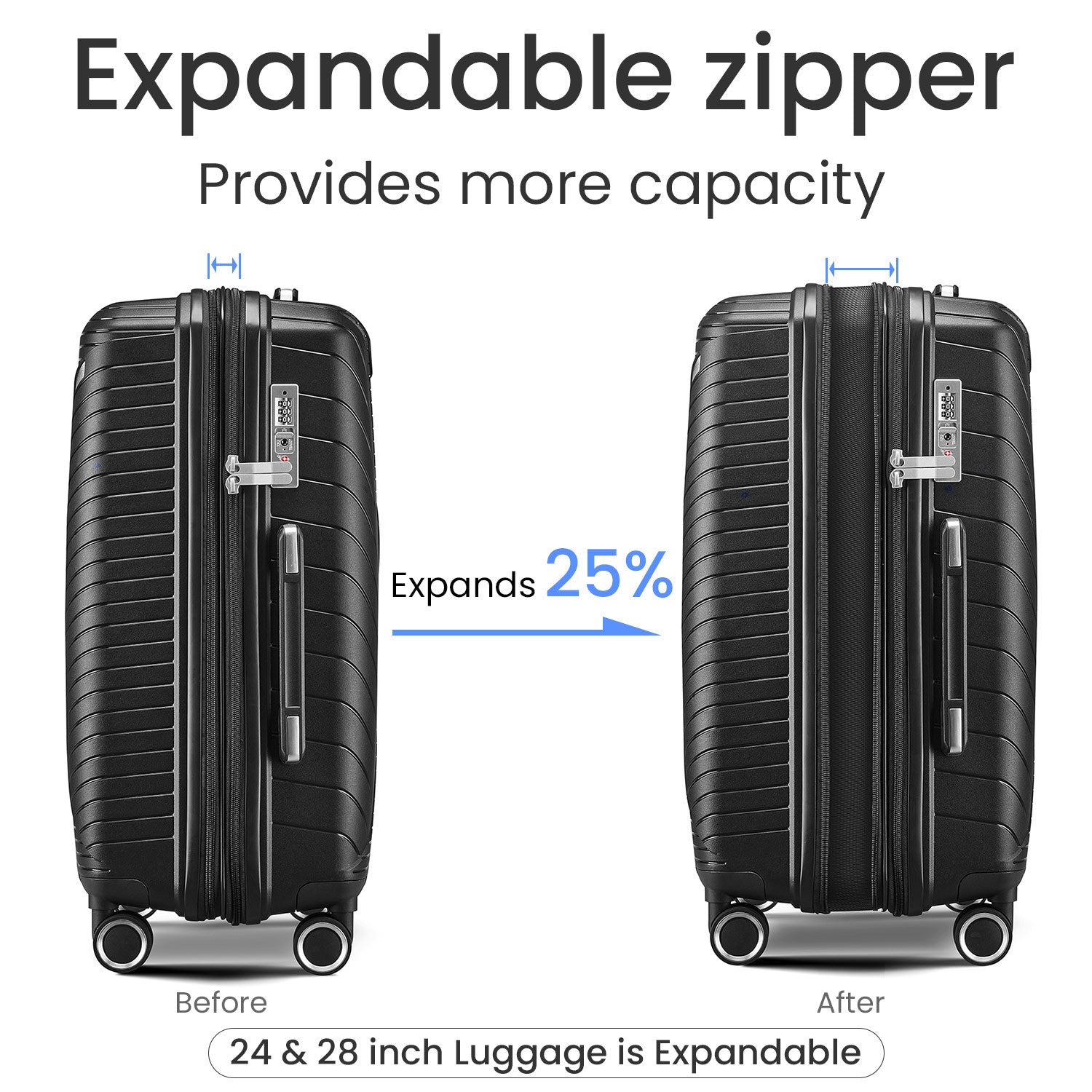 Luggage Sets 4 Piece 14 20 24 28 , Expandable Lightweight Suitcase With 4 Double 360 Degrees Mute Spinner Wheels Pp Materials Durable Tsa Lock Travel Luggage Black Polypropylene