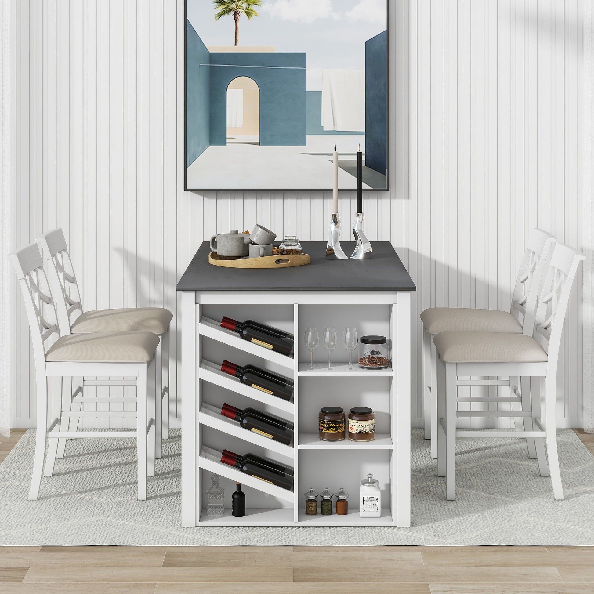 Updated Counter Height 5 Piece Solid Wood Dining Table Set, 59*35.4Inch Table With Curved Wine Rack And 4 Upholstered Chairs, White Wood Dining Room Solid Wood Rubberwood Rectangular Dining Table With Chair Wood Wood White Solid Back Seats 4 Farmhouse 4