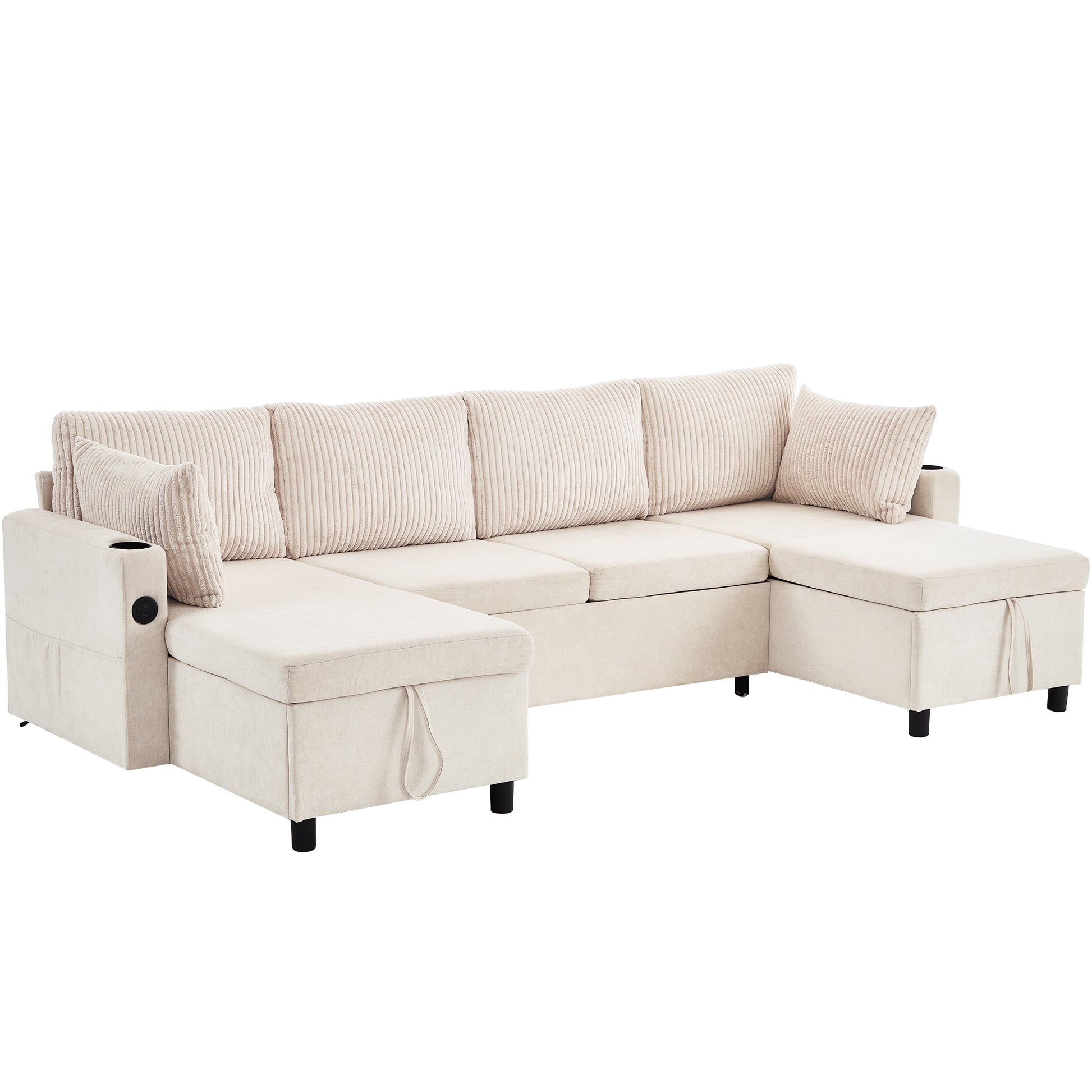 111.8" Sectional Sofa Pull Out Sofa Bed Versatile Sofa Sleeper With Large Storage Space, Two Usb Ports And Two Cup Holders For Living Room, Beige Beige Foam Chenille 4 Seat