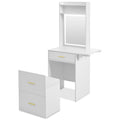 Small Vanity Desk With Mirror And Light, Dressing Table With Charging Station & Fold Up Panel For Small Space, Compact Makeup Vanity Set With Hidden Stool For Bedroom, White White Mdf,Tempered Glass