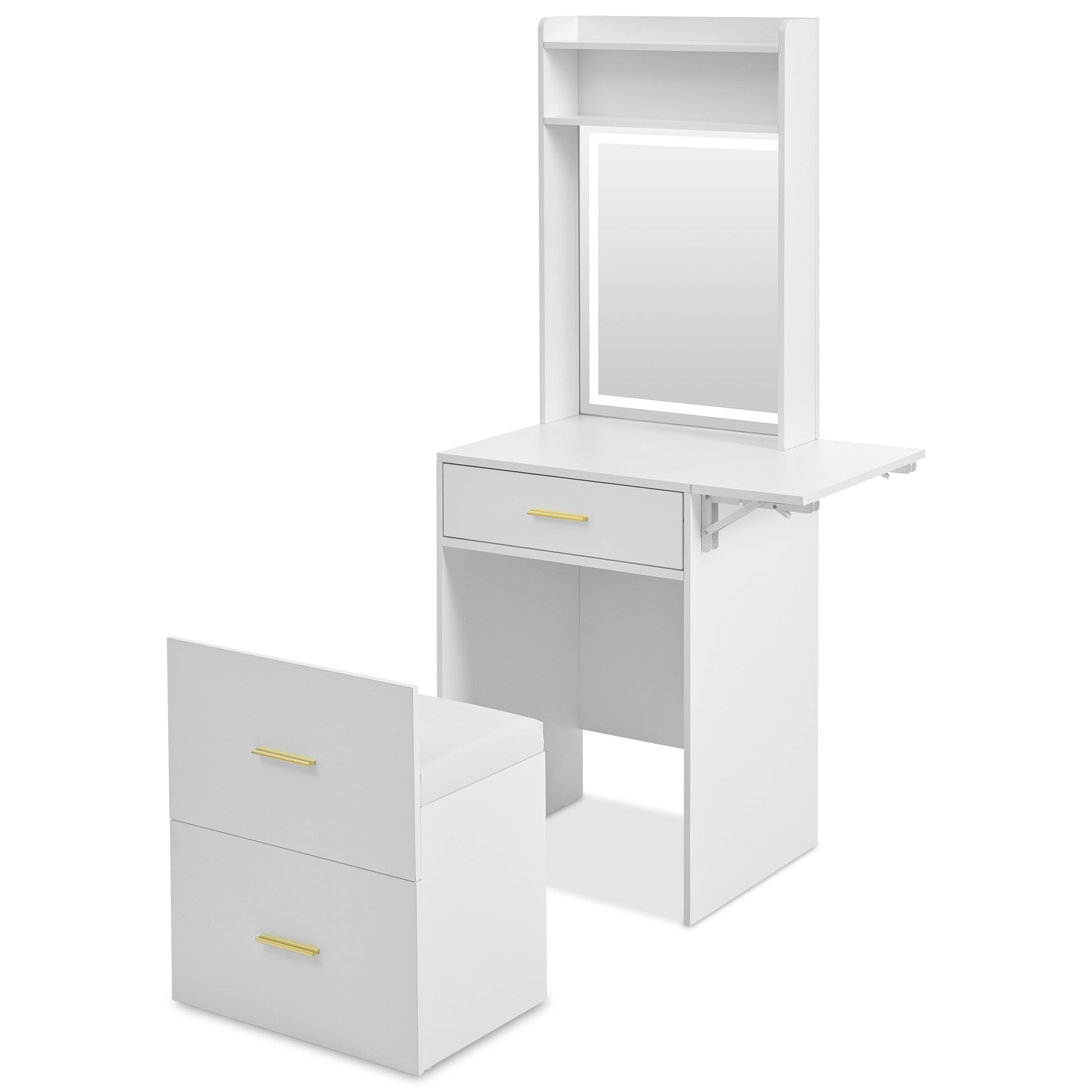 Small Vanity Desk With Mirror And Light, Dressing Table With Charging Station & Fold Up Panel For Small Space, Compact Makeup Vanity Set With Hidden Stool For Bedroom, White White Mdf,Tempered Glass
