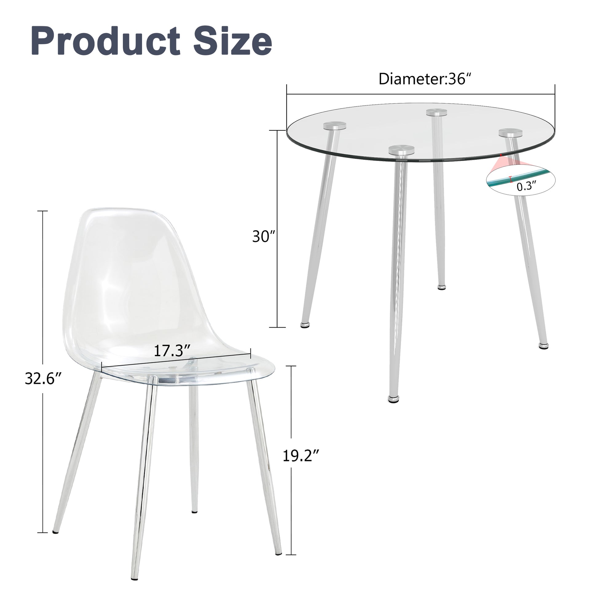 A Modern Minimalist Style Round Transparent Tempered Glass Table, Silver Metal Legs, Paired With 4 Modern Style Transparent Dining Chairs,Bringing A Luxurious Experience. Transparent Seats 4 Glass