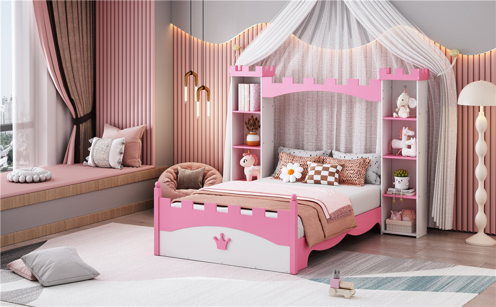 Castle Shaped Wooden Bed With Storage Shelf, Dreamy Twin Size Platform Bed For Kids Bedroom, White Pink Expected Arrival Time:8.14 Twin White Pink Wood