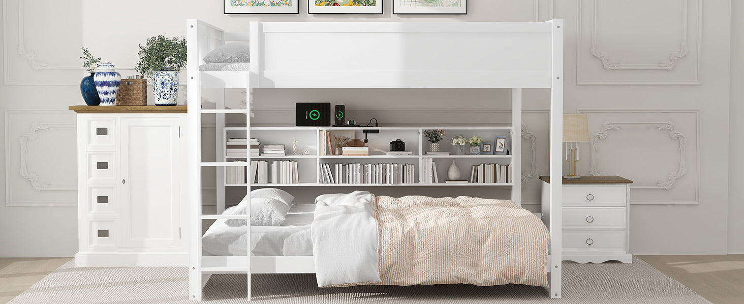 Queen Over Queen Bunk Bed With Storage Cabinets And Usb Ports, White Expected Arrival Time: 10.26 White Solid Wood Mdf