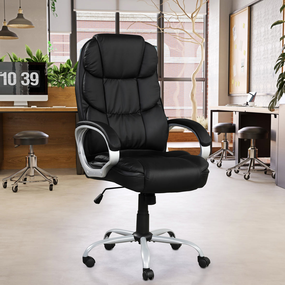 Pu Leather Upholstered Office Task Chair, Modern Adjustable 360 Degree Swivel Chair, High Back, Black Silver Caster Solid Black Office Rectangular Contemporary,Modern Office Chairs Solid Back Pu Leather Adjustable Height Plywood