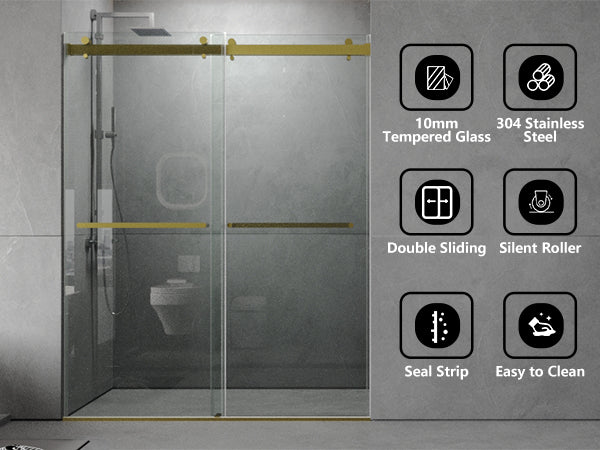 56 To 60'' W X 76'' H Frameless Shower Door, Double Sliding Shower Door With Premium 3 8'' 10Mm Thick Tempered Glass, Stainless Steel, Brushed Gold Brushed Gold Bathroom Modern Tempered Glass
