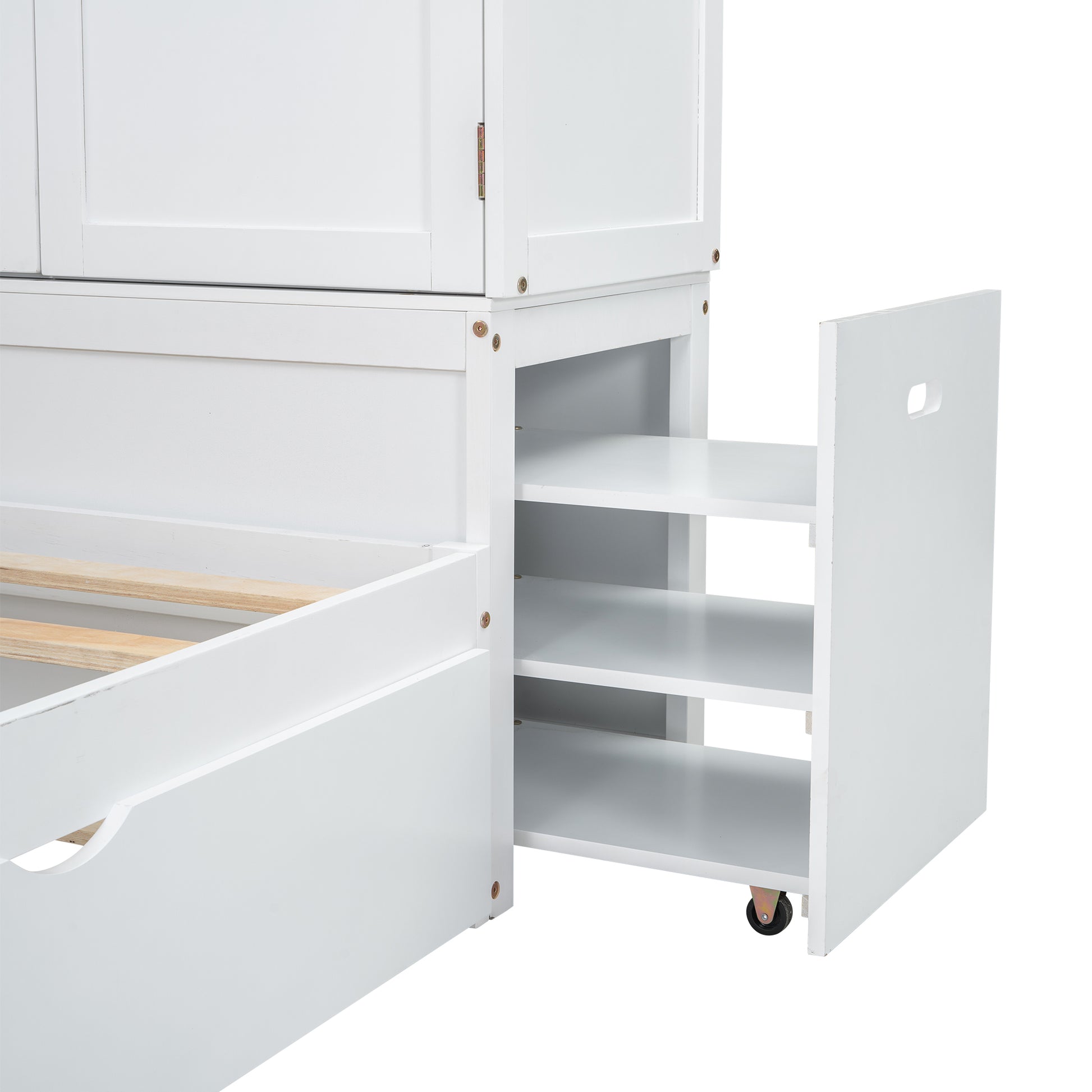 Twin Size Platform Bed With Storage Headboard And Footboard, Pull Out Shelves And Twin Size Trundle, White Box Spring Not Required Twin White Wood Bedroom Bed Frame Solid Wood Mdf