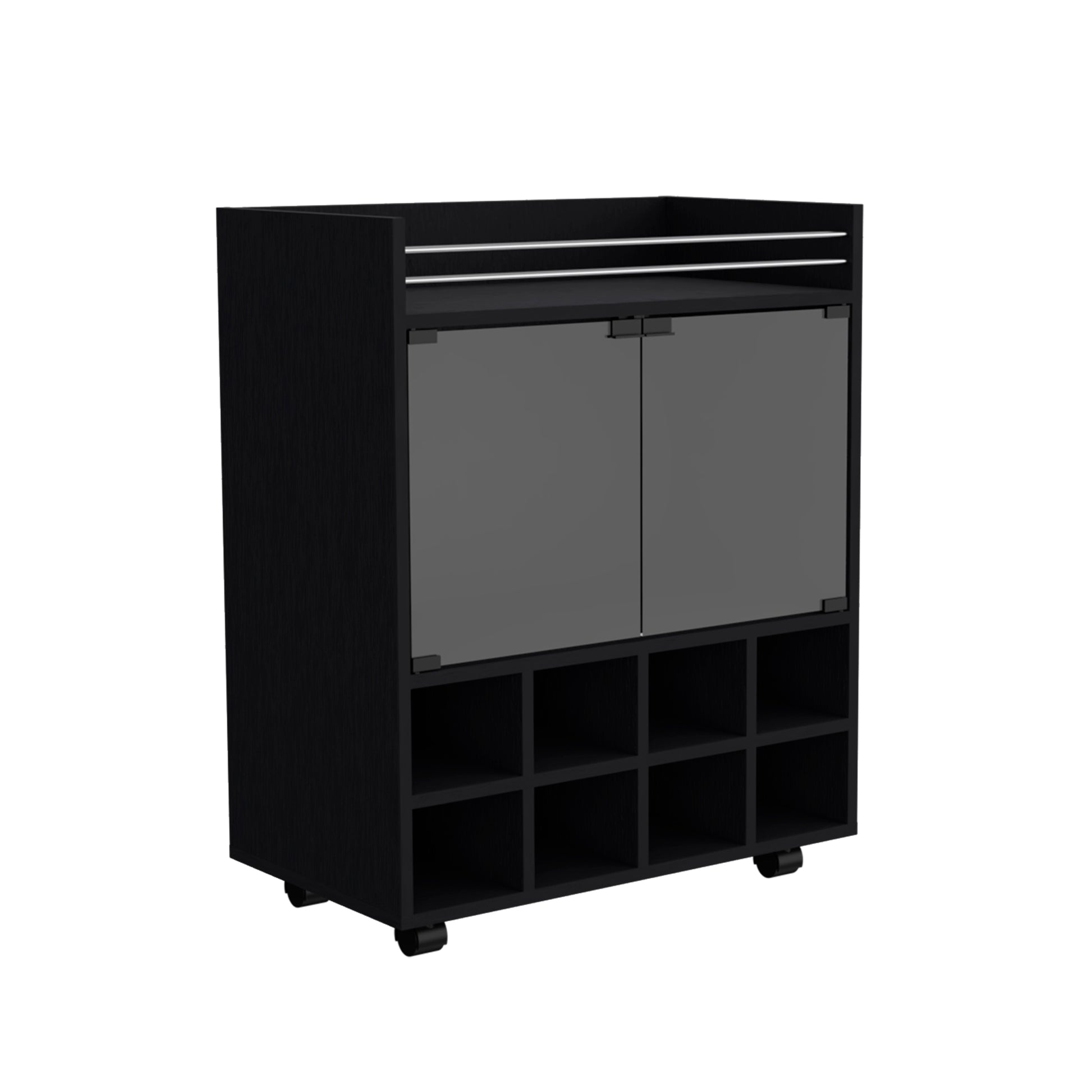 St Andrews Bar Cart With Built In 8 Bottle Rack, Double Glass Door Cabinet, And Aluminum Edged Top Surface Black Primary Living Space Modern Particle Board Shelves Included Engineered Wood