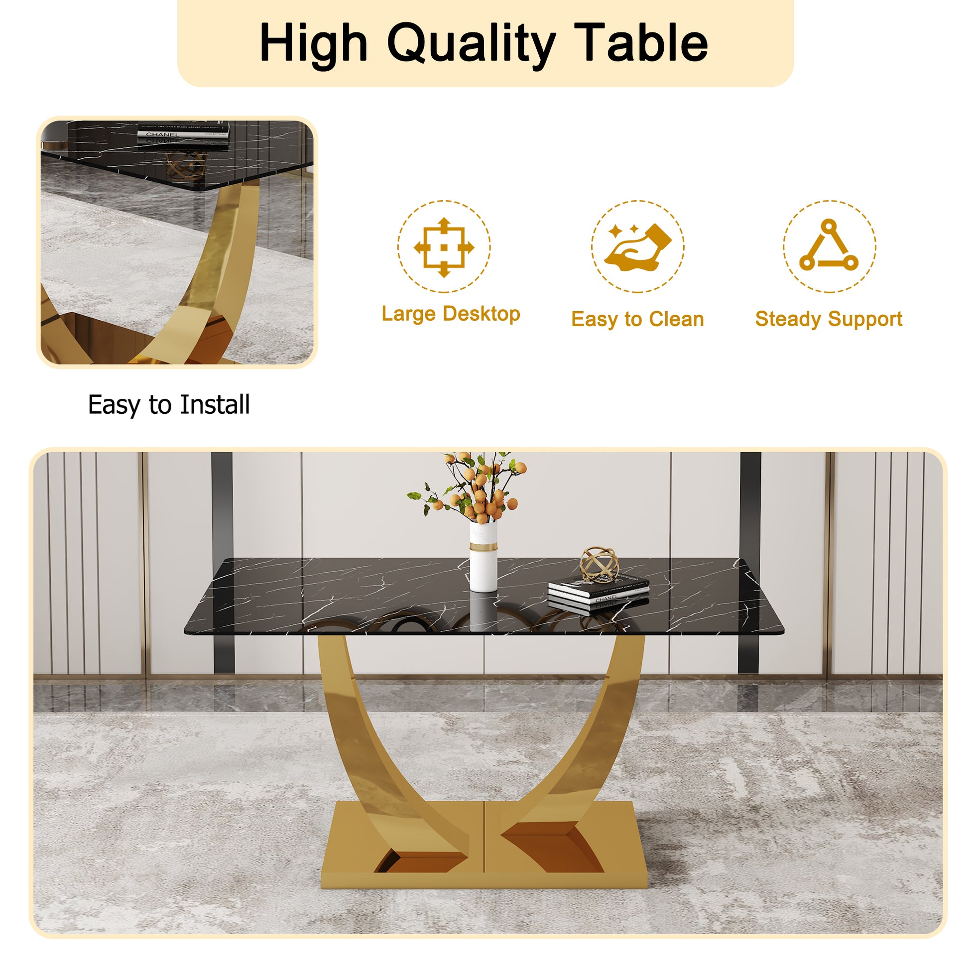 Table And Chair Set.Modern Rectangular Dining Table With Black Textured Stickers Glass Tabletop And Gold Plated Metal Legs.Paried With 4 Comfortable Chairs With Pu Seats And Black Metal Legs. Black