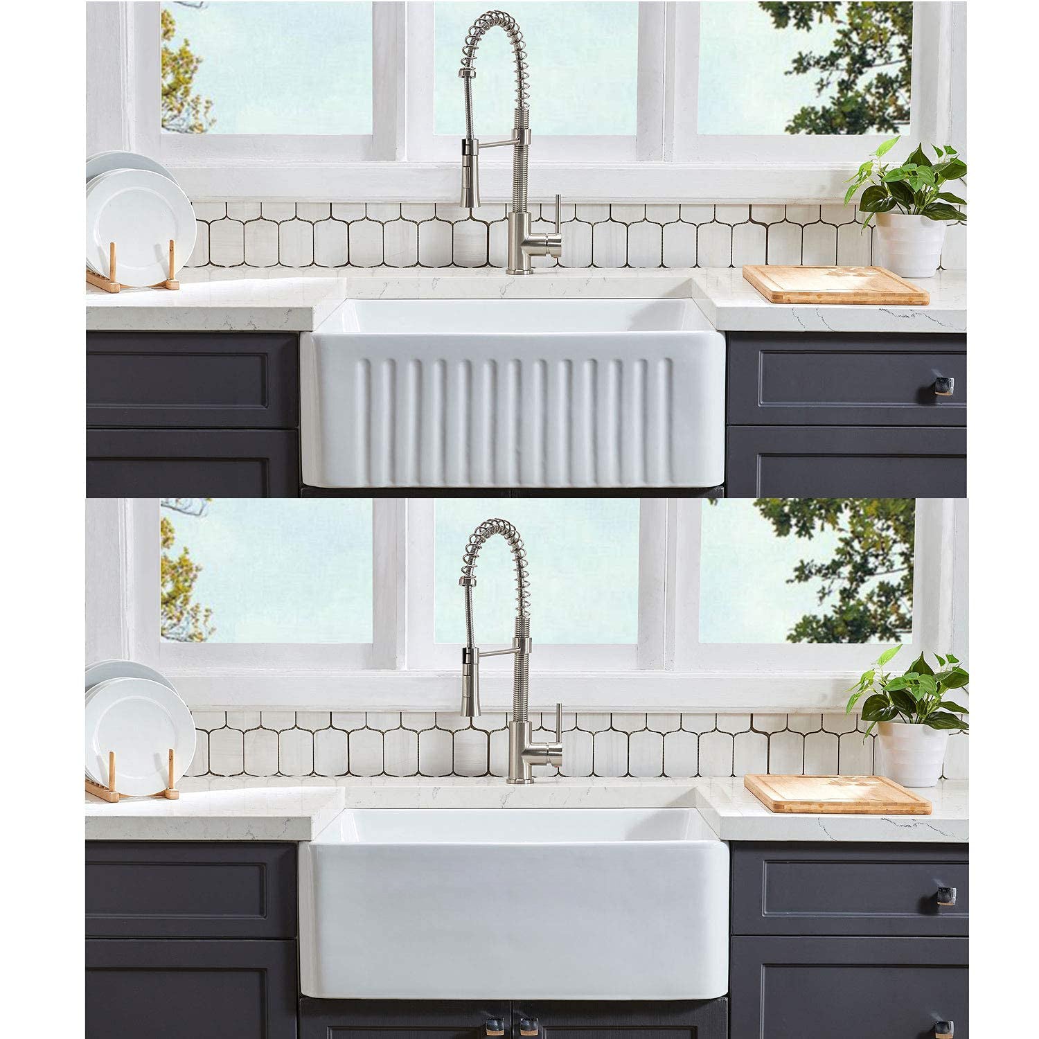 Fireclay 36" L X 20" W Farmhouse Kitchen Sink With Grid And Strainer White Fireclay