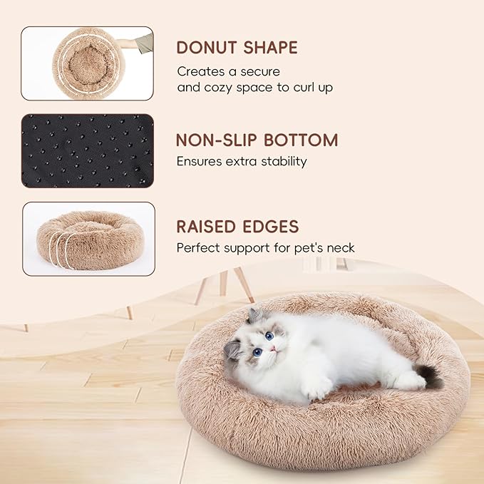 20 Inch Donut Dog Bed, Calming Bed For Dogs, Brown Cat Bed Washable, Round Dog Donut Bed Washable, Plush Fur Dog Bed, Dog Cuddle Bed Brown Faux Fur