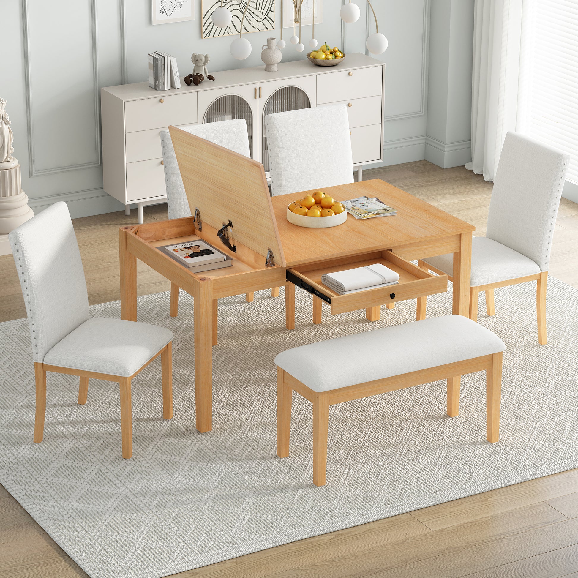 Farmhouse 6 Piece Dining Table Set With Storage Table, Kitchen Table Set With Drawer, Storable Bench And Upholstered Dining Chairs, Natural Beige Wood Dining Room Bench Seating Acacia Rectangular Dining Table With Chair And Bench Upholstered Chair Wood