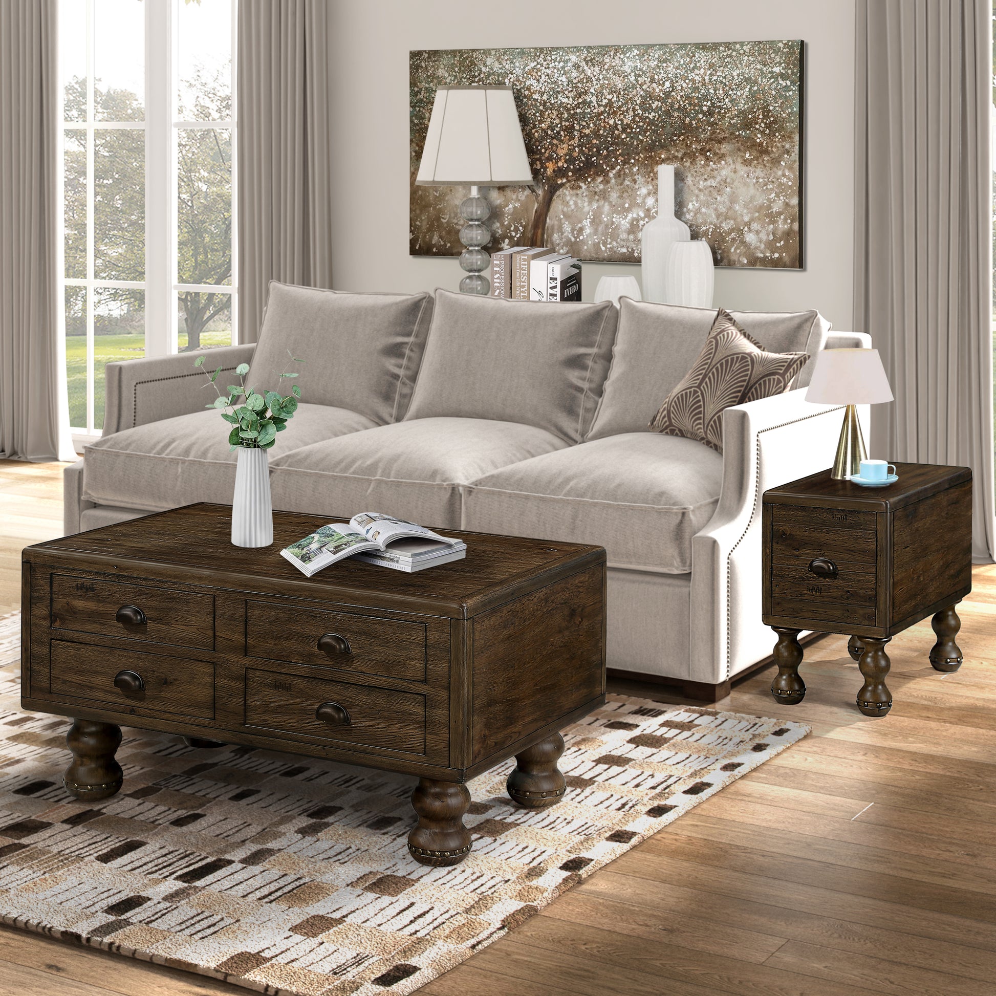 Solid Wood Rectangle Coffee Table For Living Room, 40 Inch Antique Coffee Table With 4 Drawers, Wood Center Table Tea Table With Rivet Decoration Legs.Easy Assembly, Espresso Espresso Pine