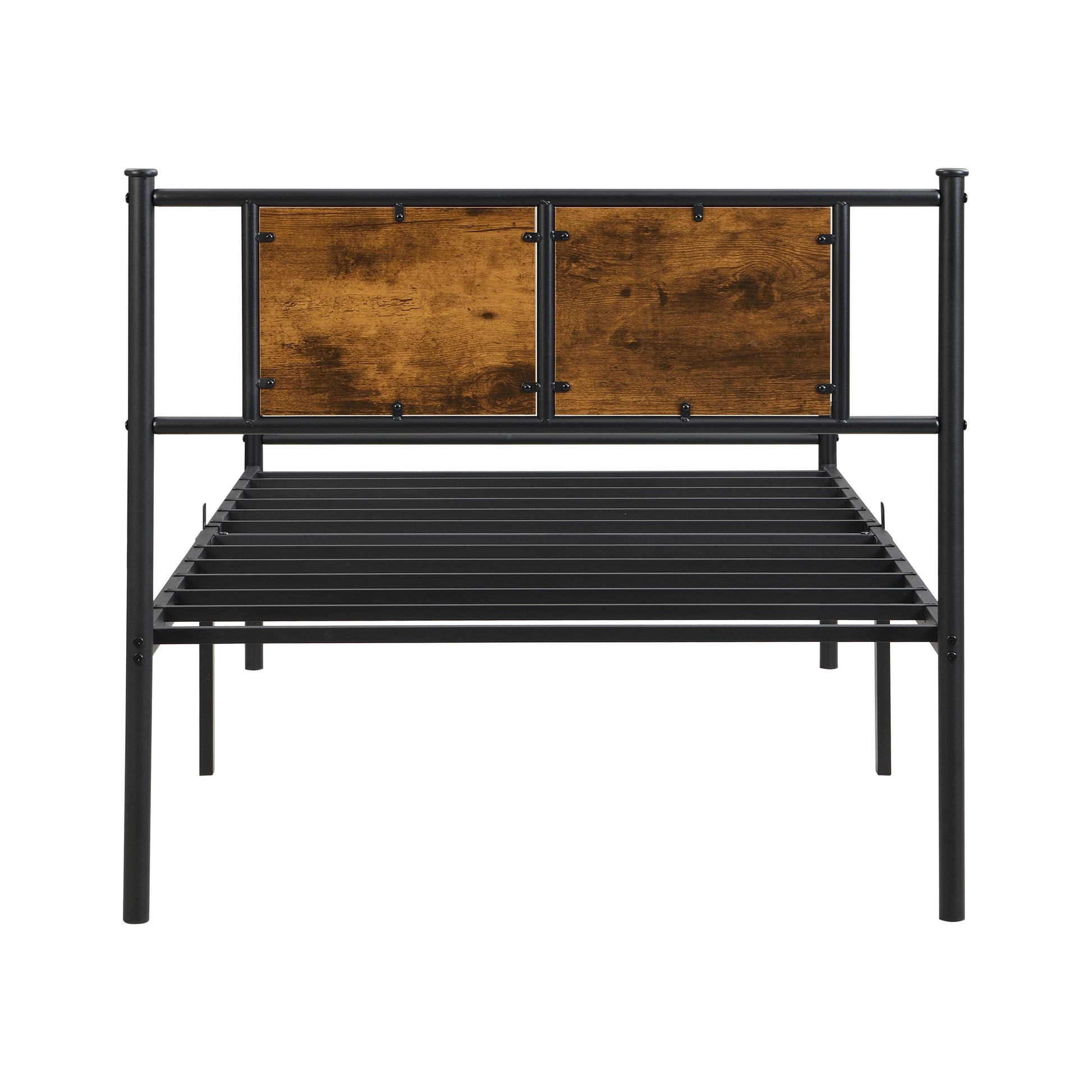 Twin Xl Size Metal Bedframe,Headboard With Wood Panel Decoration,Black Black Brown Metal