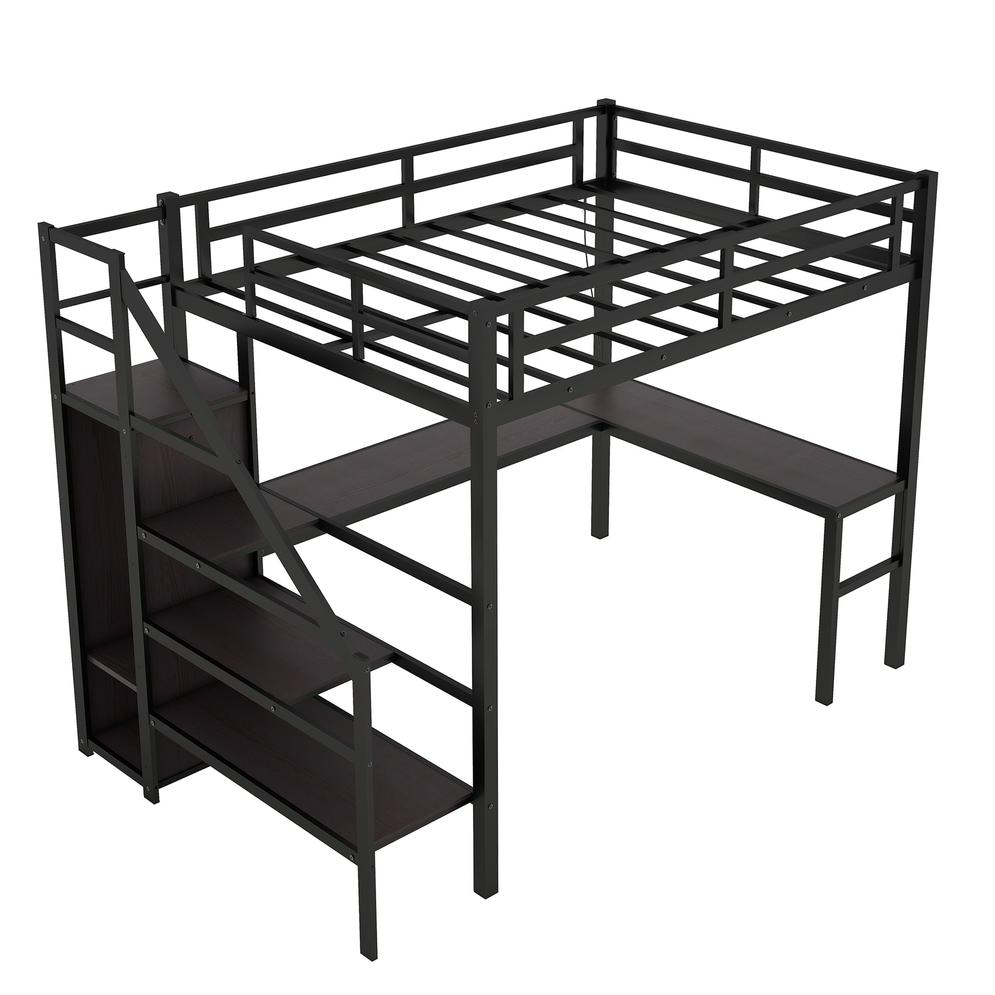 Full Size Loft Bed With L Shaped Desk And Usb, Metal Loft Bed With Wardrobe And Adjustable Shelf, High Loft Bed With Led For Kids Teens Adults, Black Black Metal