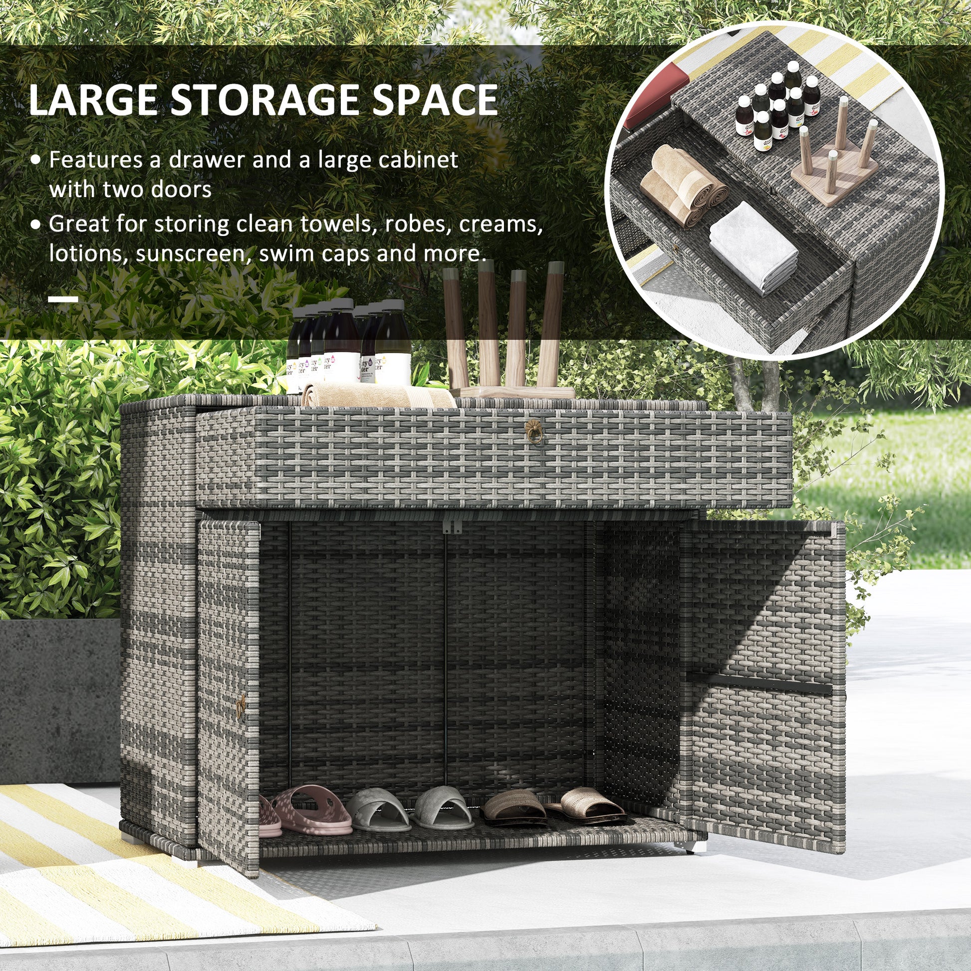 Outsunny Outdoor Towel Rack & Pool Toy Cabinet, Hot Tub Accessory Storage, Freestanding Pe Rattan Wicker Cabinet With Drawer For Indoor, Outdoor Swimming Pool, Spa, Gray Grey Steel