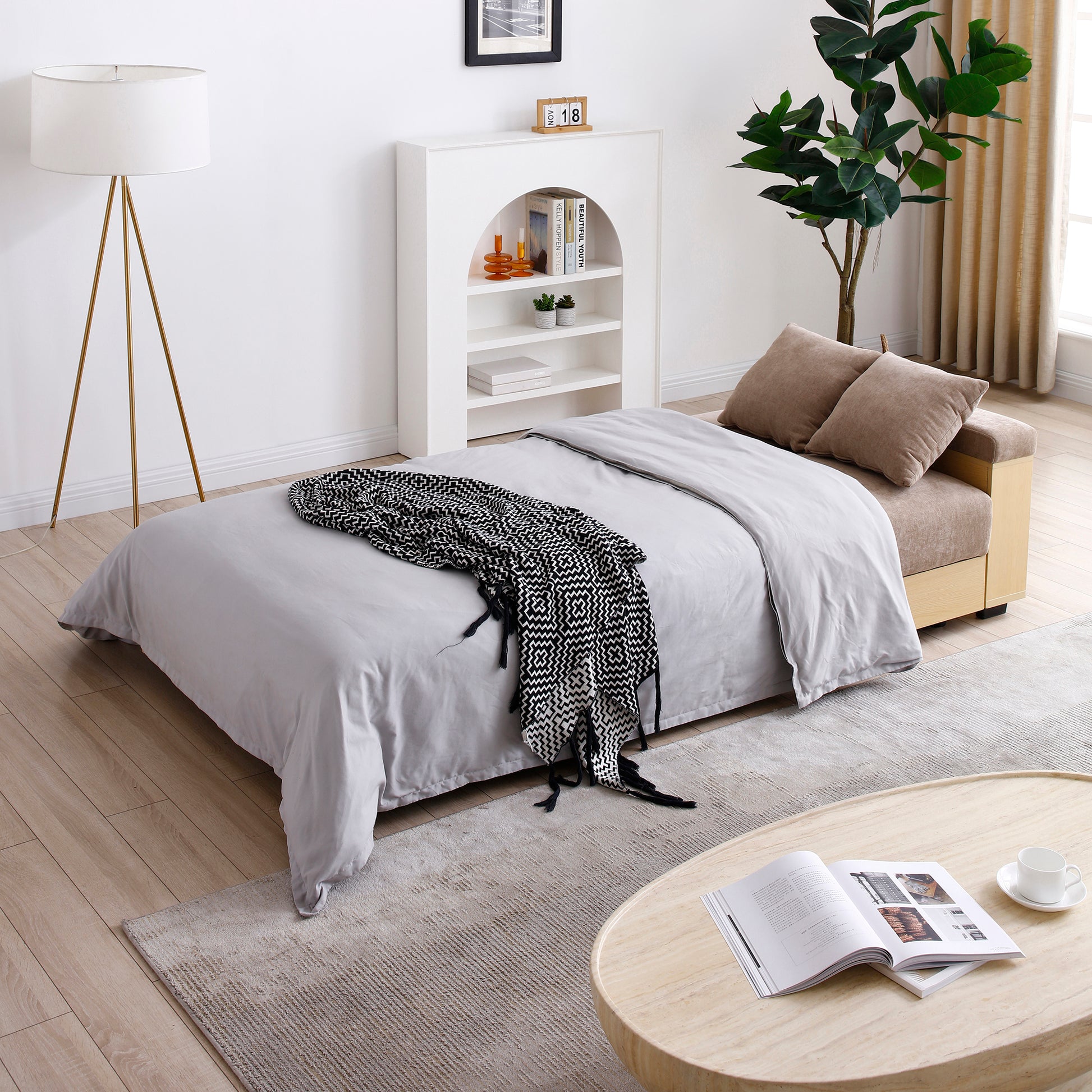 Convertible Sleeper Sofa Couch,Multifunctional Double Folding Sofa Bed,Storage Ottoman And Sofa Arm With Box And Drawer, Drop Down Table With 2Cup Holders For Living Room,Apartment,Office,Light Brown Light Brown Linen Wood Primary Living Space Modern