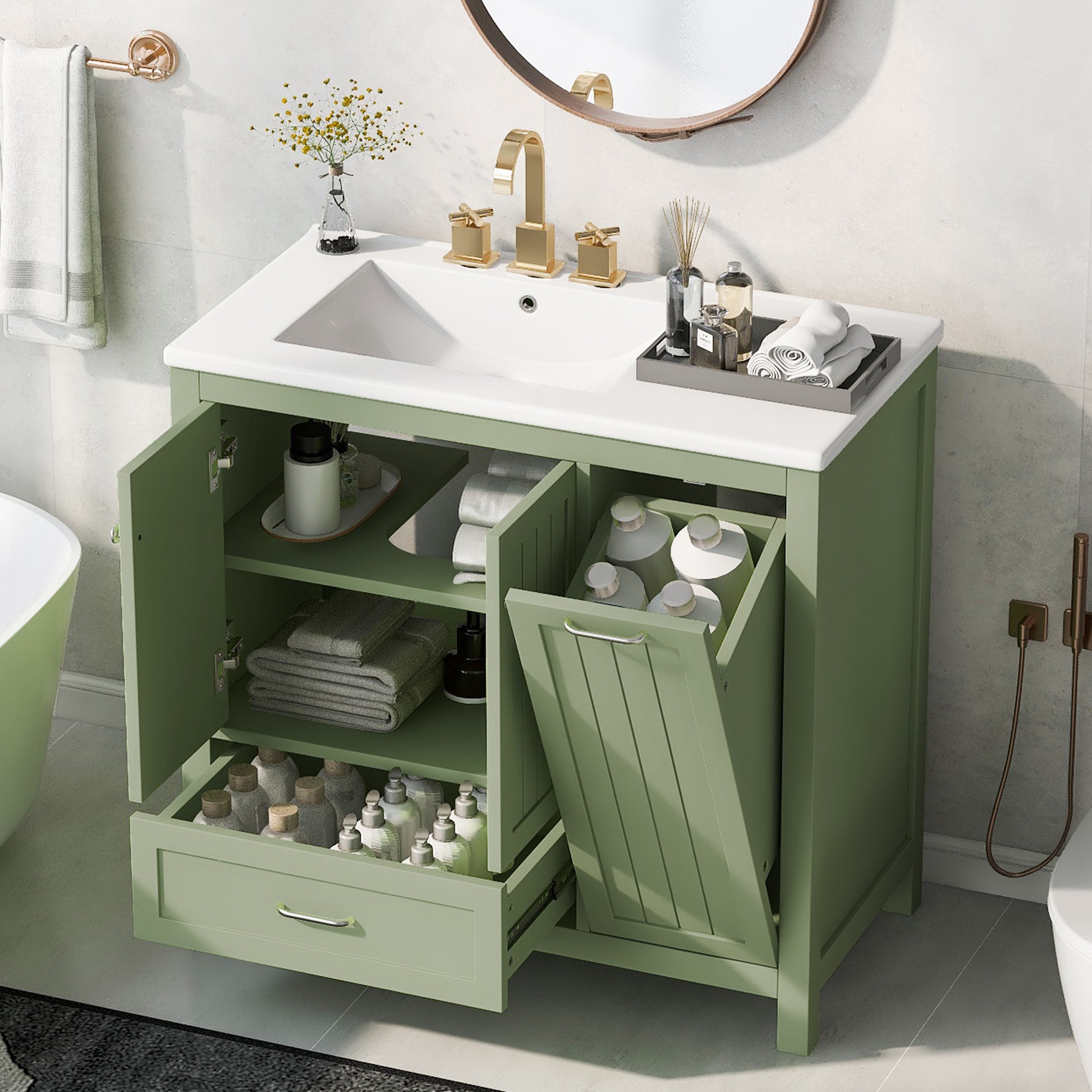 36" Bathroom Vanity With Sink, One Cabinet With Two Doors And One Big Drawer And One Flip Drawer, Solid Wood And Mdf Board, Green Green Solid Wood Mdf