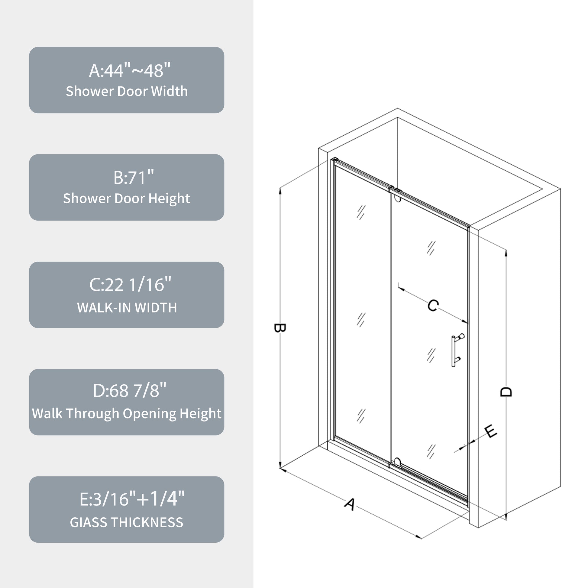 44 48" W X 71" H Piovt Swing Glass Shower Door,Pivot Frame Sliding Shower Door With 1 4" 6Mm Clear Sgcc Tempered Glass,Chrome Finish Shower Doors,Reversible Installation Chrome Bathroom Aluminium Alloy