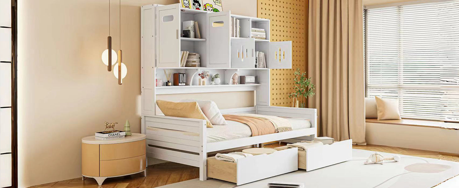 Twin Size Wooden Daybed With 2 Drawers, And All In One Cabinet And Shelf, White Twin White Wood