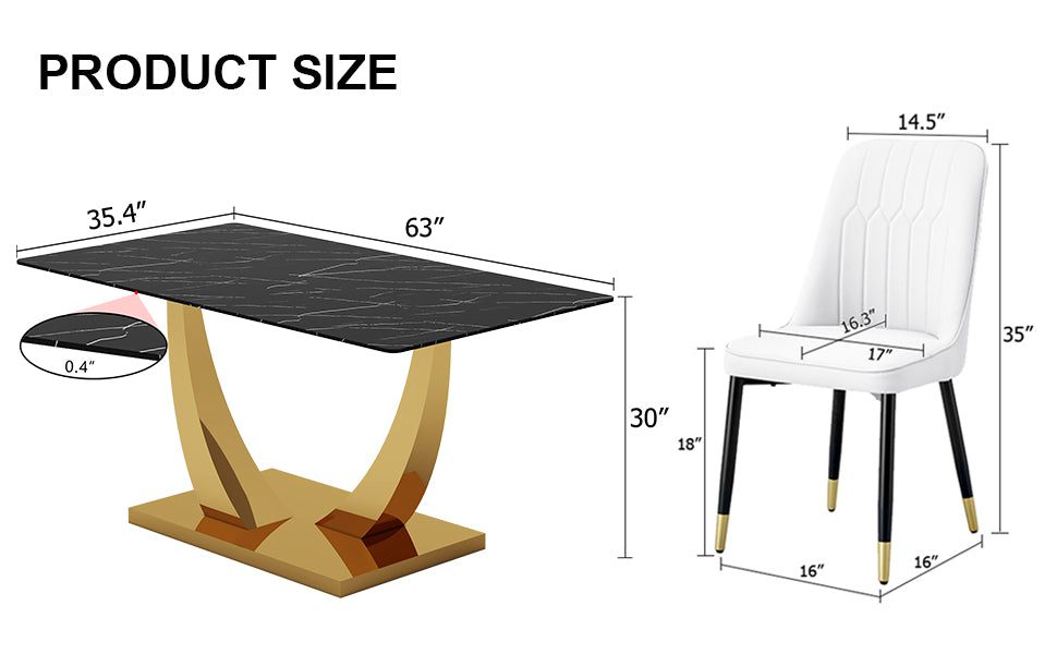 Table And Chair Set.Modern Rectangular Dining Table With Black Textured Stickers Glass Tabletop And Gold Plated Metal Legs.Paried With 6 Comfortable Chairs With Pu Seats And Black Metal Legs. Black Gold,White Seats 6 Glass Metal