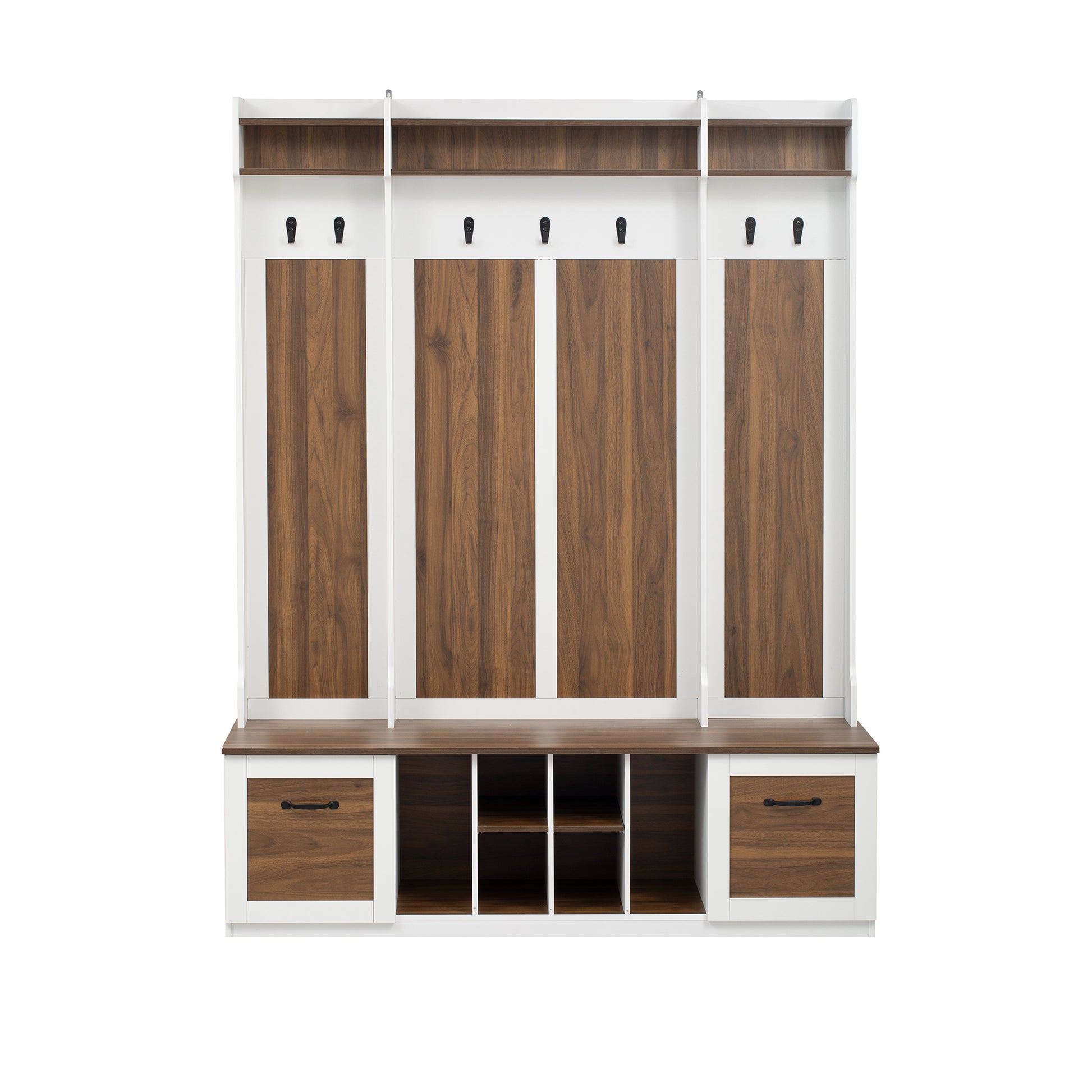 5 In 1 Entryway Bench With Coat Rack, 7 Sturdy Hooks, 2 Spacious Drawers And Adjustable Shelves, 58.8'' Wide Hall Tree With Metal Handles For Hallway, Entryway, Living Room Brown White Mdf