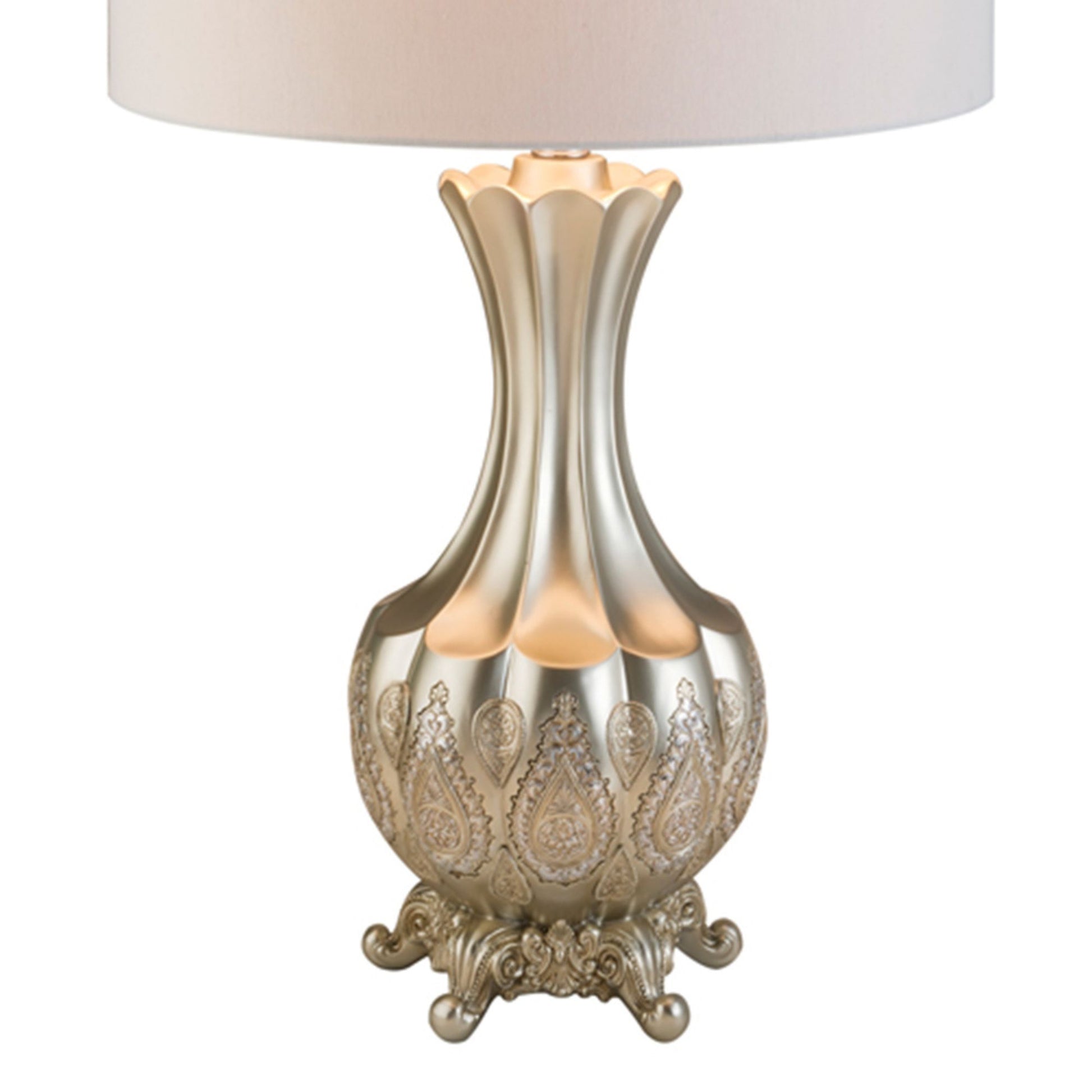 30" Tall Polyresin Table Lamp With Silver Finish, Royal Design, White Linen Shade Silver Metal