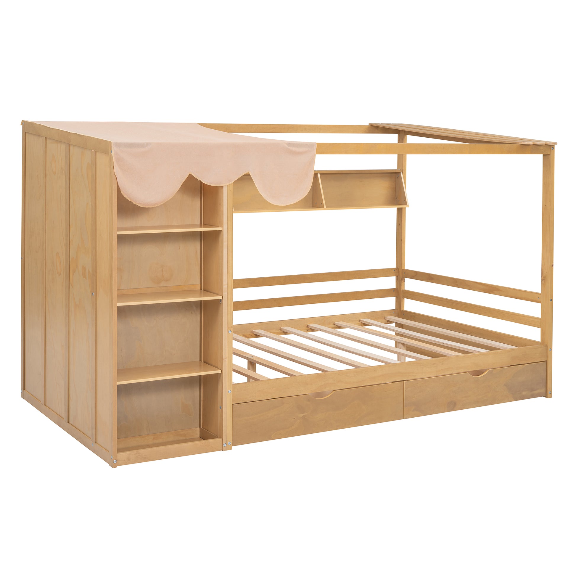 Full Size House Bed With Two Drawers And Wardrobe,Natural Full Natural Solid Wood