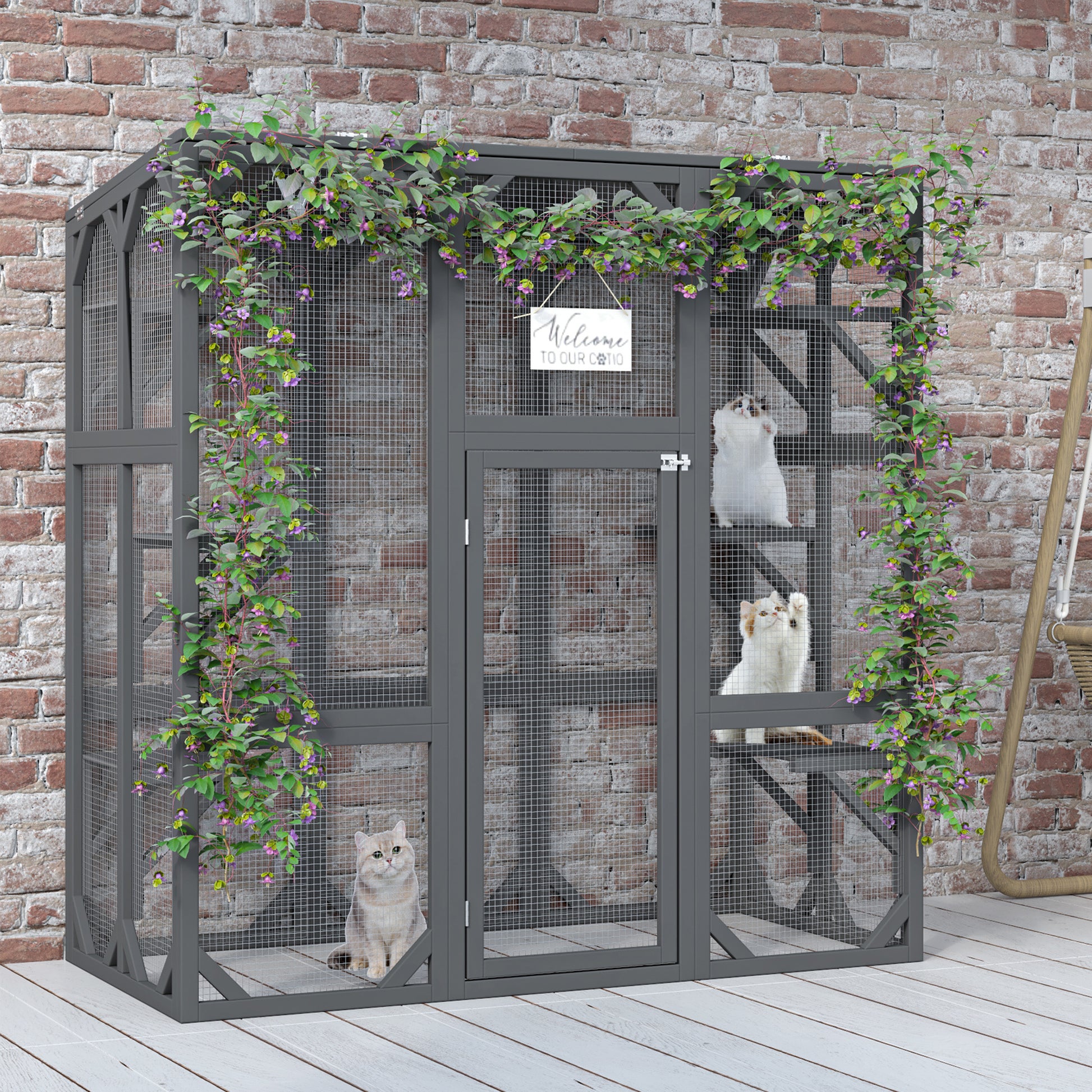 Catio Outdoor Cat Enclosure Cat House Wooden Cat Cage Large Feral Cat Shelter For Mulitiple Cats With Six Platforms, Large Enter Door, Waterproof Roof 60" Grey Gray Pet Barrier Wood