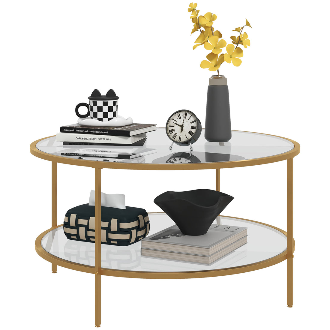 Homcom Side Table With Storage, 32" Round End Table, 2 Tier Tempered Glass Coffee Table With Steel Frame For Living Room, Gold Gold Glass Metal