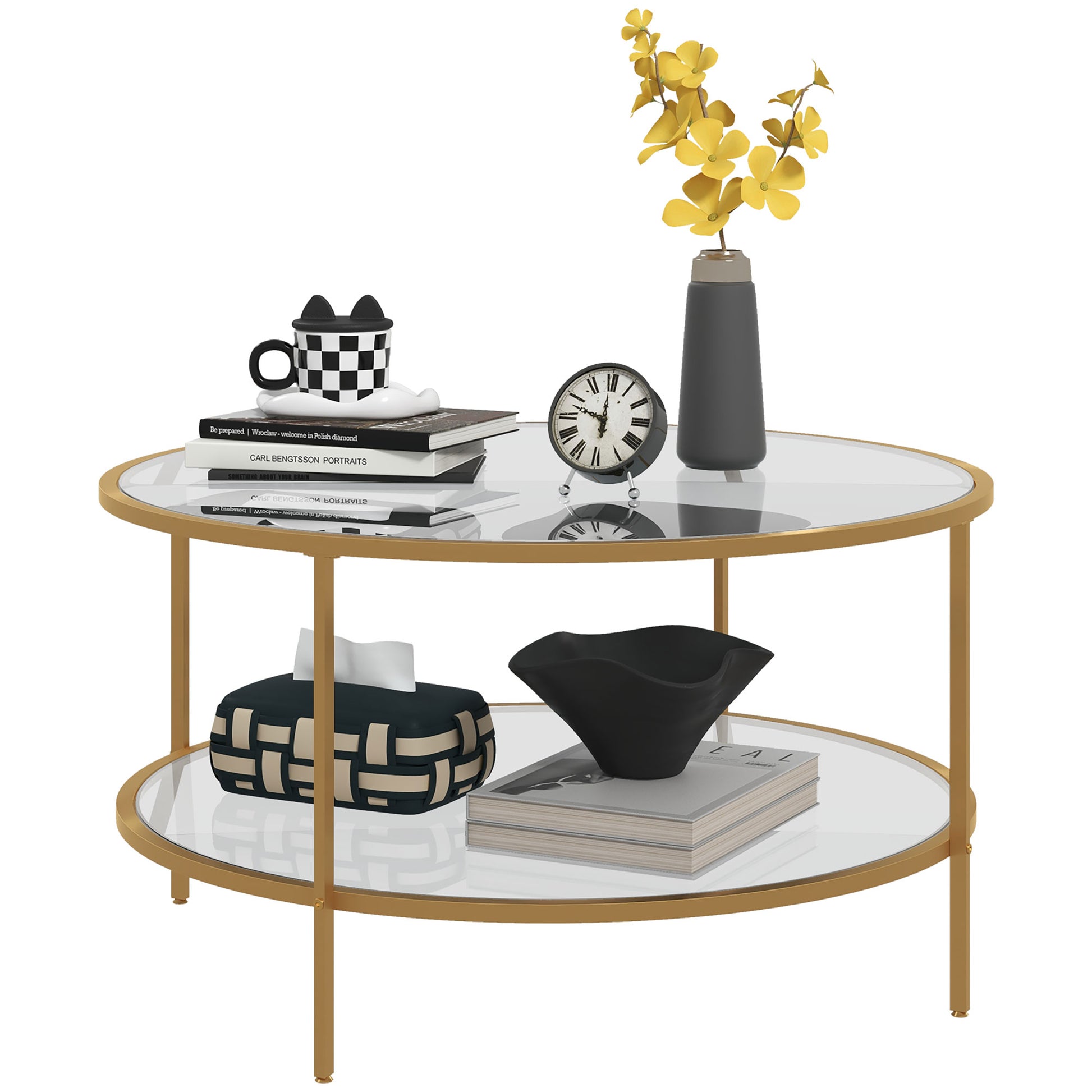Homcom Side Table With Storage, 32" Round End Table, 2 Tier Tempered Glass Coffee Table With Steel Frame For Living Room, Gold Gold Glass Metal