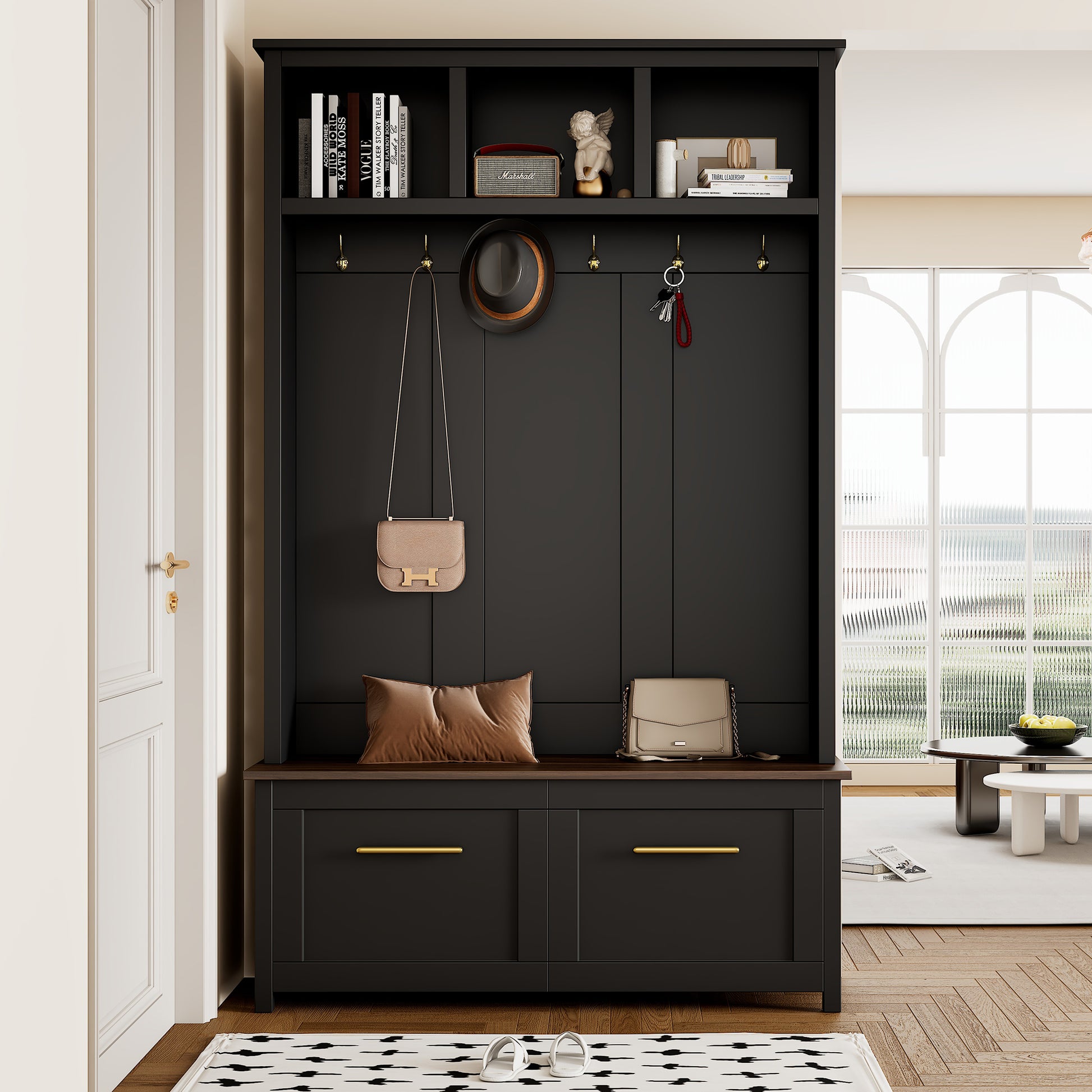 Versatile 4 In 1 Hall Tree With 6 Golden Hooks, Brown Wood Grain Bench With Multiple Storage Space, Entryway Coat Rack With 2 Drawers For Living Room, Hallway, Black, 47.2''W*76.6''H Black Primary