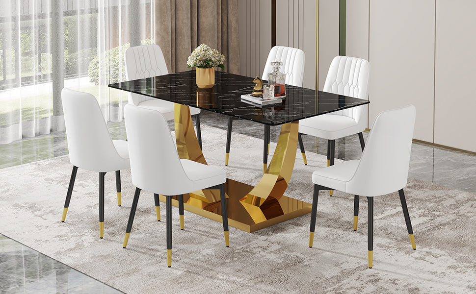 Table And Chair Set.Modern Rectangular Dining Table With Black Textured Stickers Glass Tabletop And Gold Plated Metal Legs.Paried With 6 Comfortable Chairs With Pu Seats And Black Metal Legs. Black Gold,White Seats 6 Glass Metal