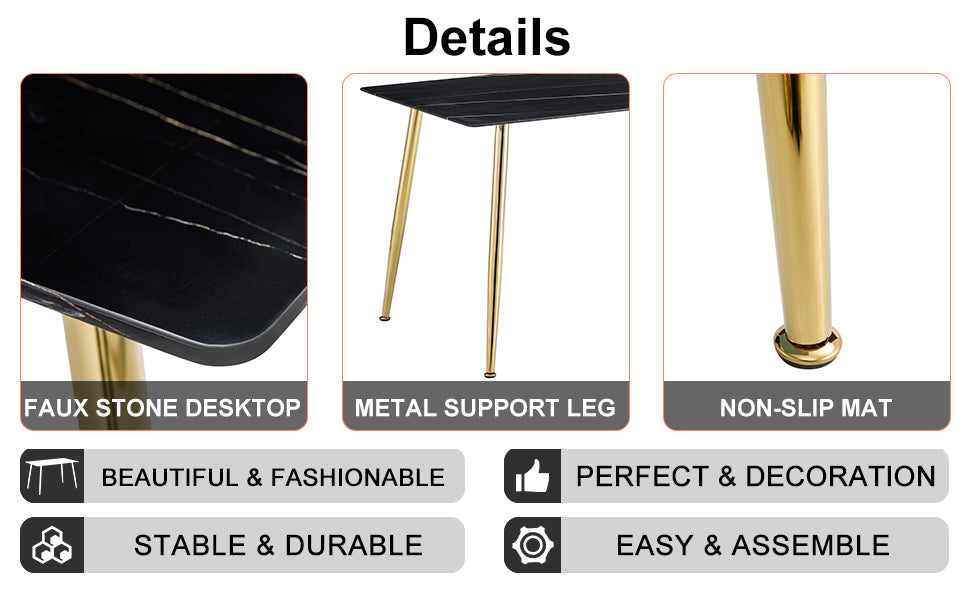 Table And Chair Set. 1 Table With 4 White Pu Chairs. Modern Minimalist Rectangular Black Imitation Marble Dining Table, With Golden Metal Legs. Paired With 4 Chairs With Golden Legs.Dt 1544 C001 Black Gold Glass Metal